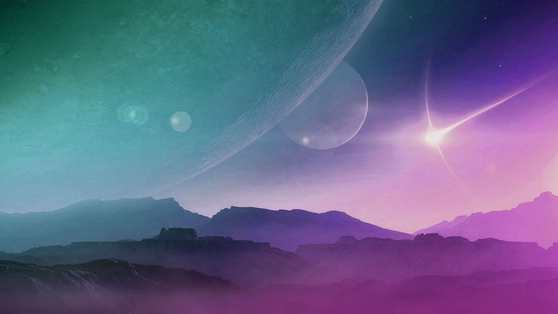 Alien landscape with planets and mountains HD Wallpaper