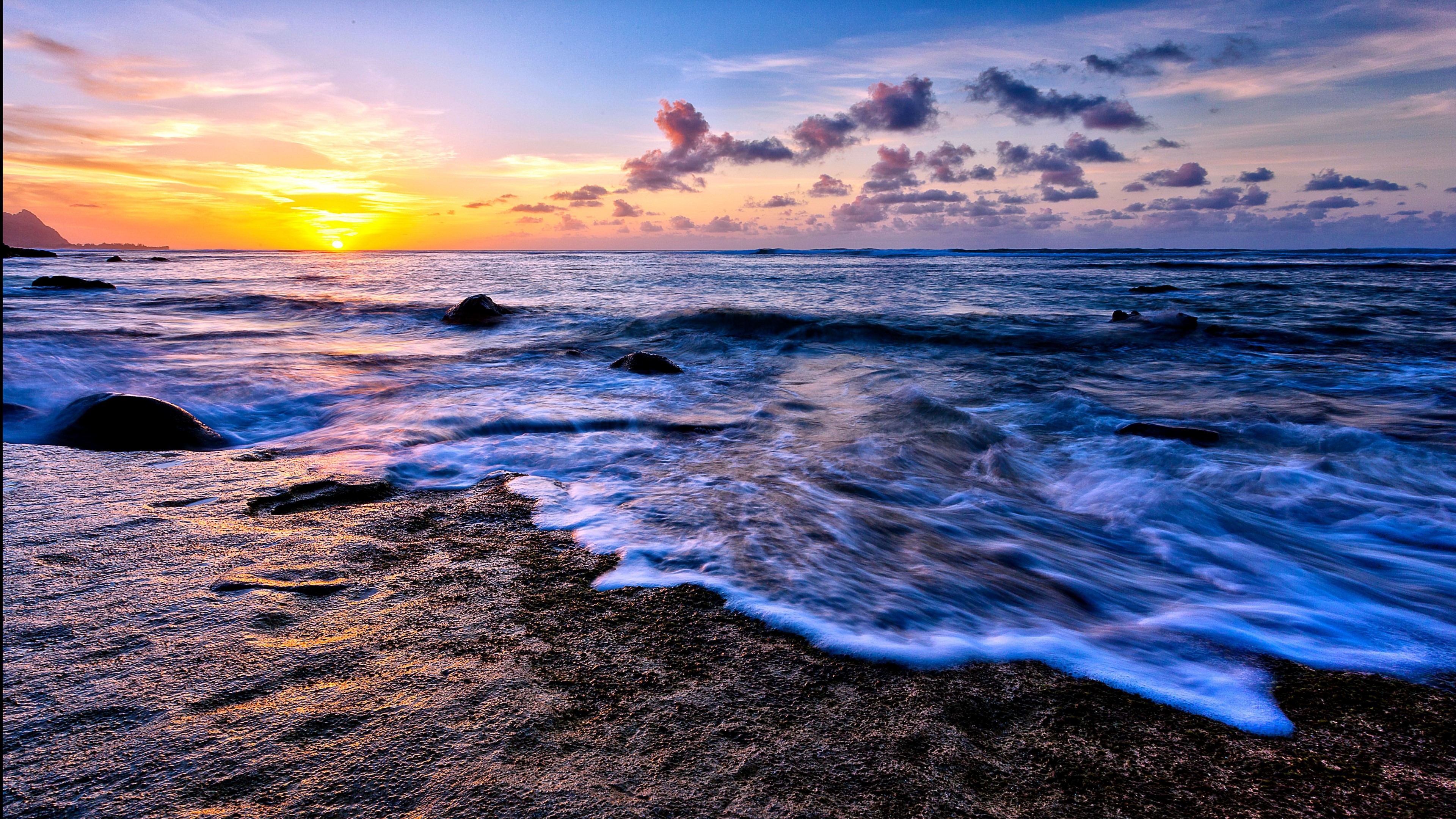 4K Ocean Sunset with Waves and Rocks HD Wallpaper