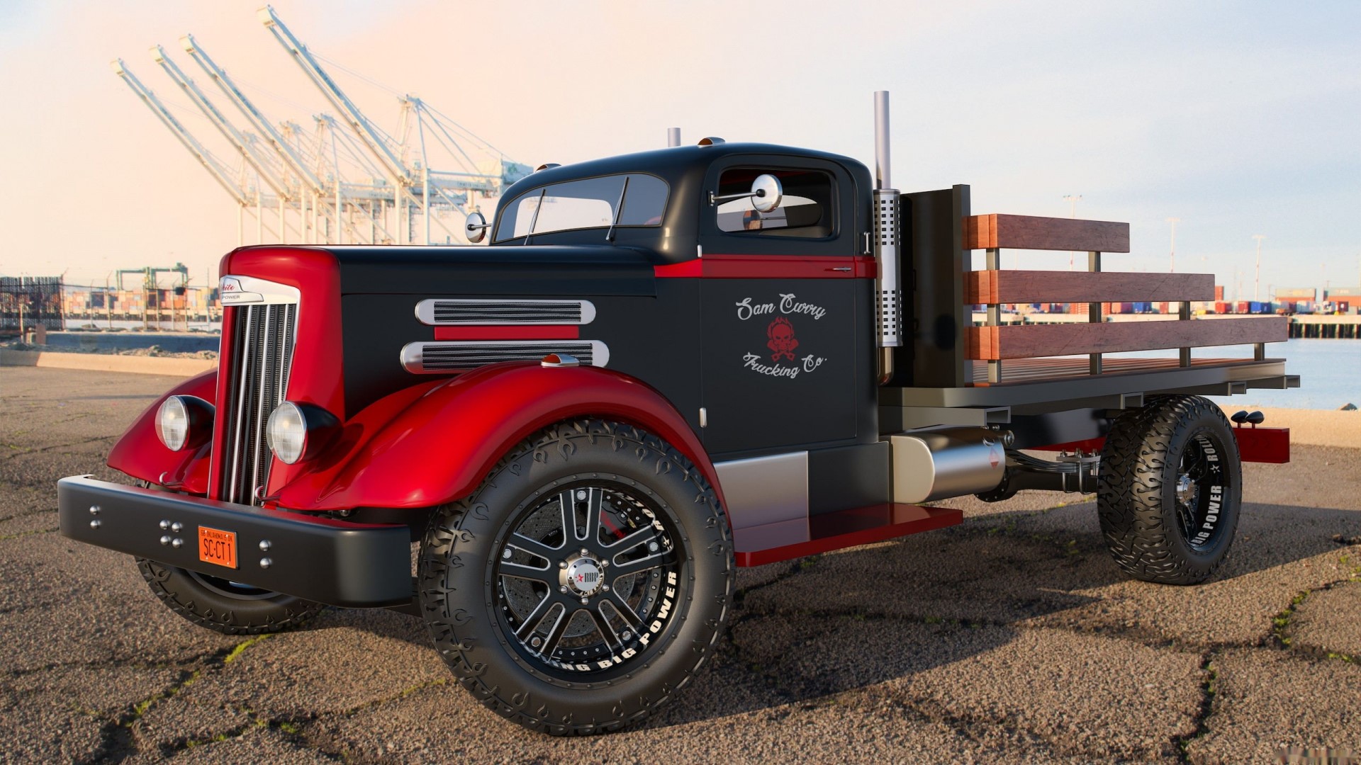 Customized vintage flatbed truck with red and black paint HD Wallpaper