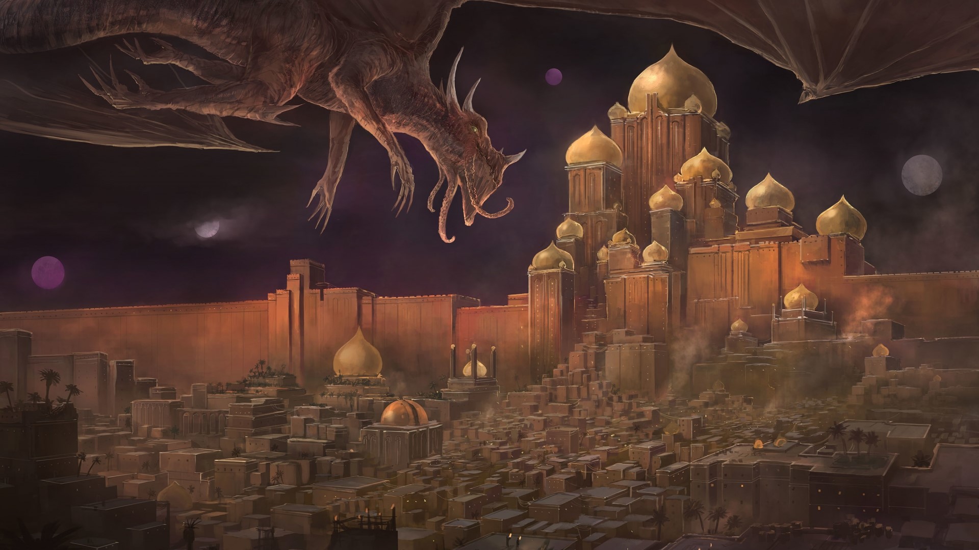 Dragon over a fantasy city HD Wallpaper