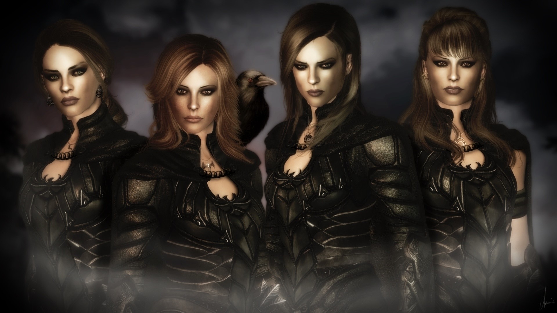Four women in dark armor with a raven HD Wallpaper