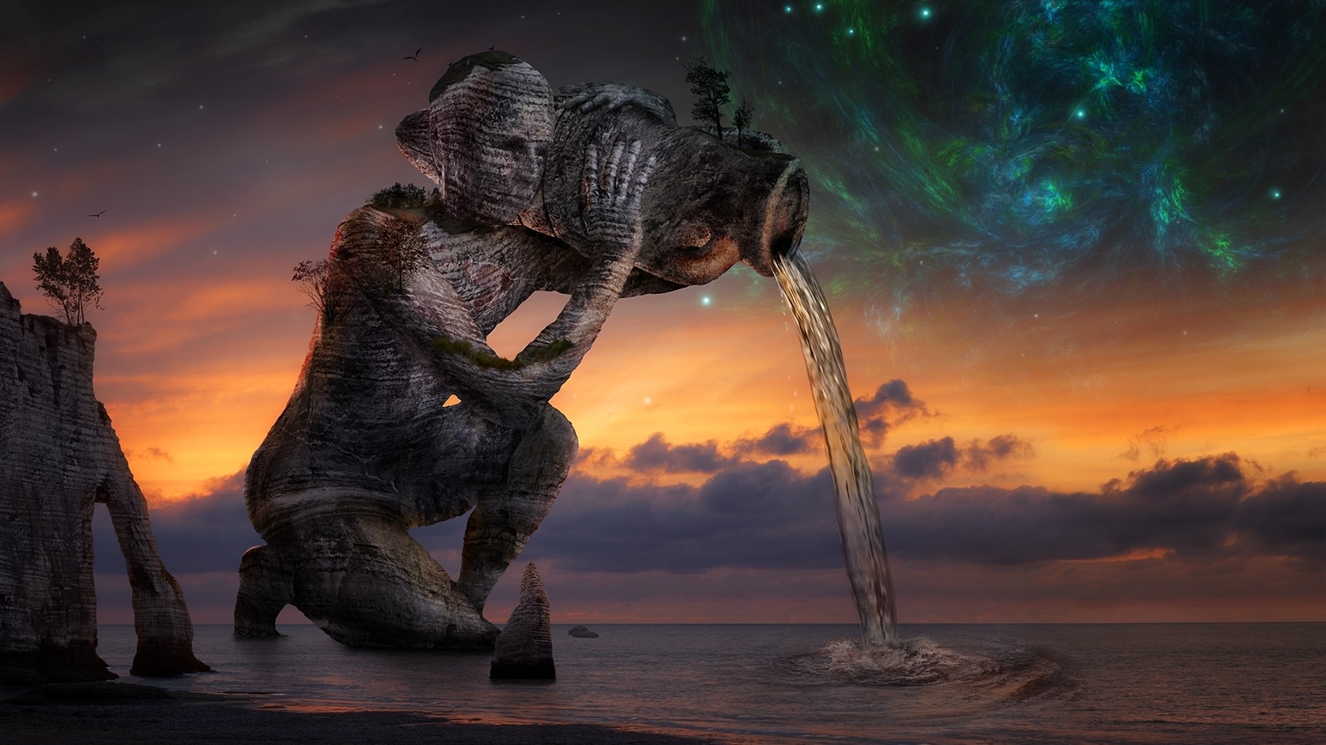 Stone statue pouring water into the ocean at sunset HD Wallpaper