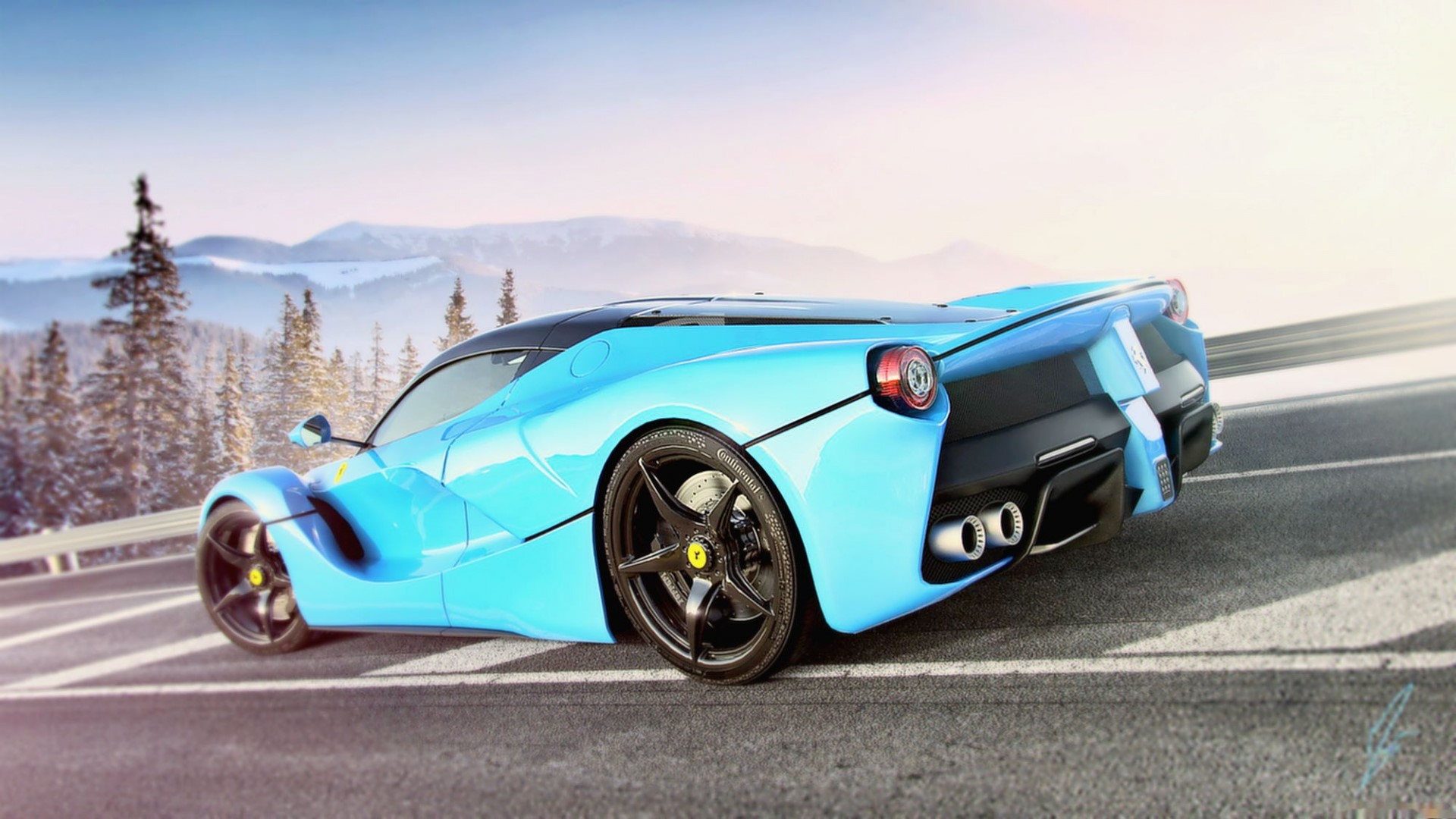Blue Ferrari sports car on a snowy mountain road HD Wallpaper