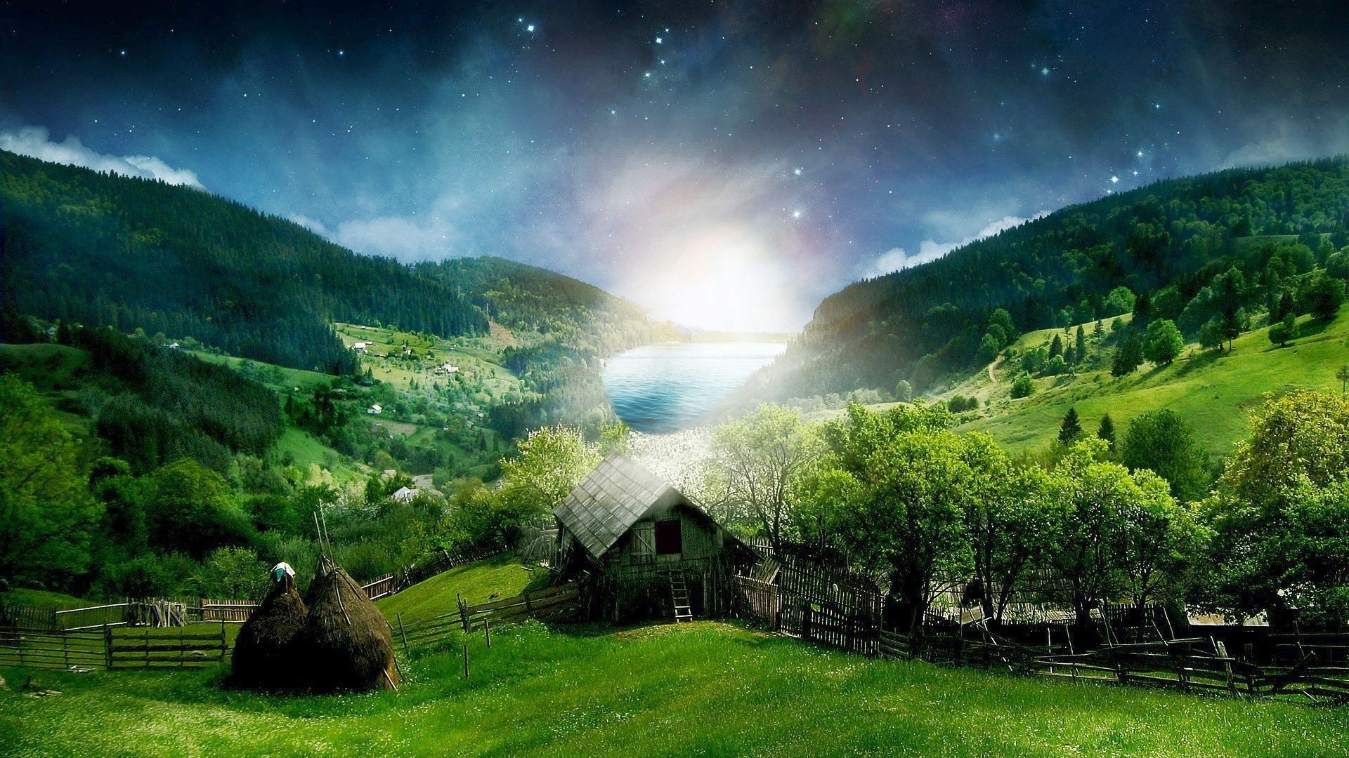 Fantasy valley with lake and starry sky HD Wallpaper