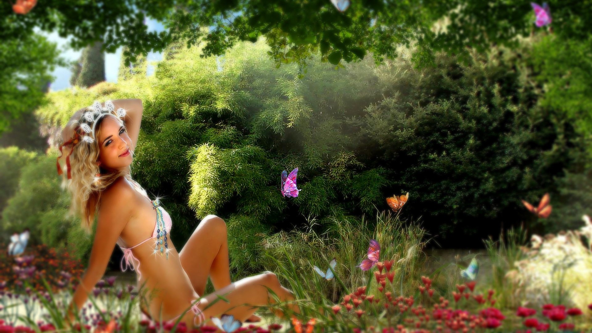 Woman in bikini with butterflies in a garden HD Wallpaper