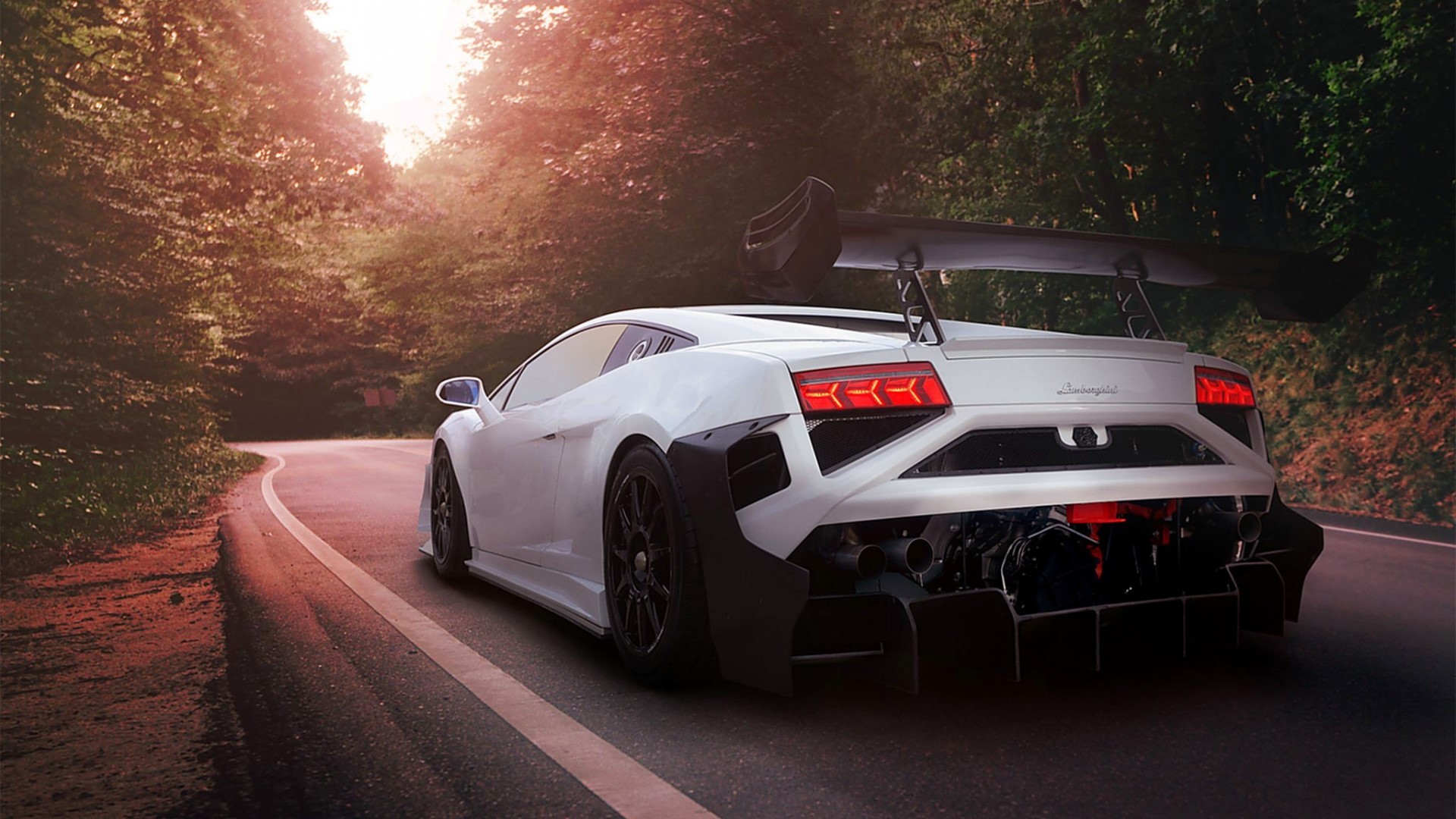 White Lamborghini with a large rear spoiler on a road HD Wallpaper