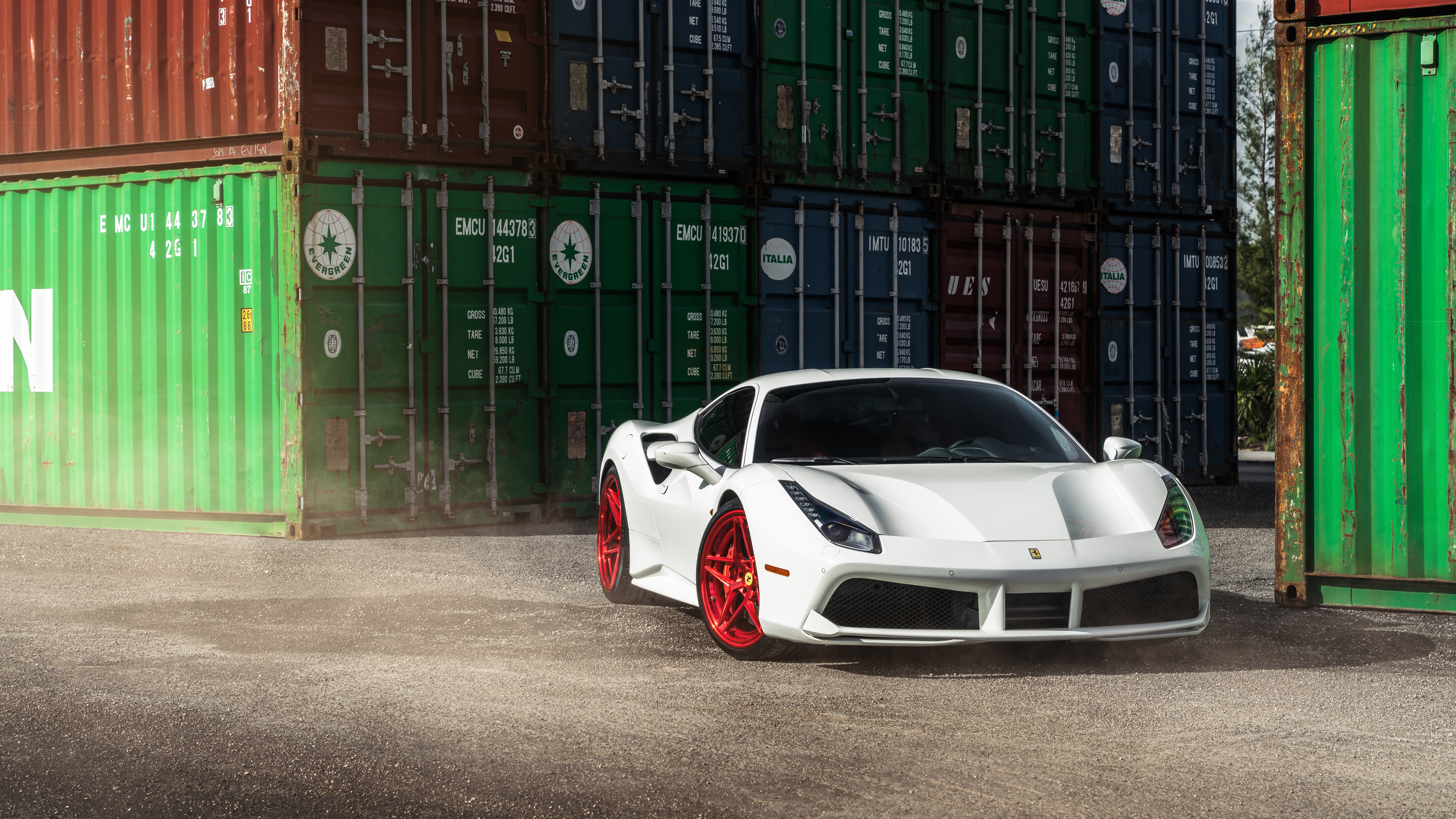 White Ferrari 488 GTB with red wheels HD Wallpaper