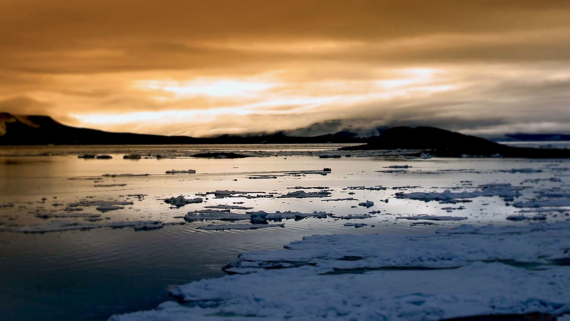 Ice floes on the water at sunset HD Wallpaper