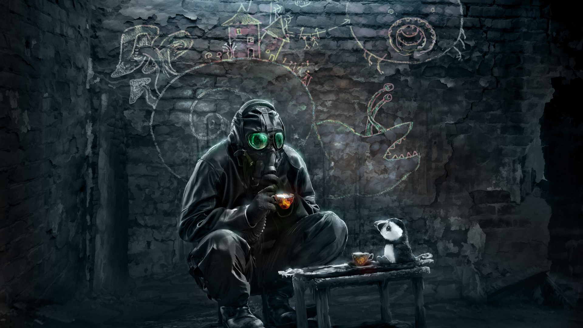 Man in gas mask having tea with a panda toy HD Wallpaper