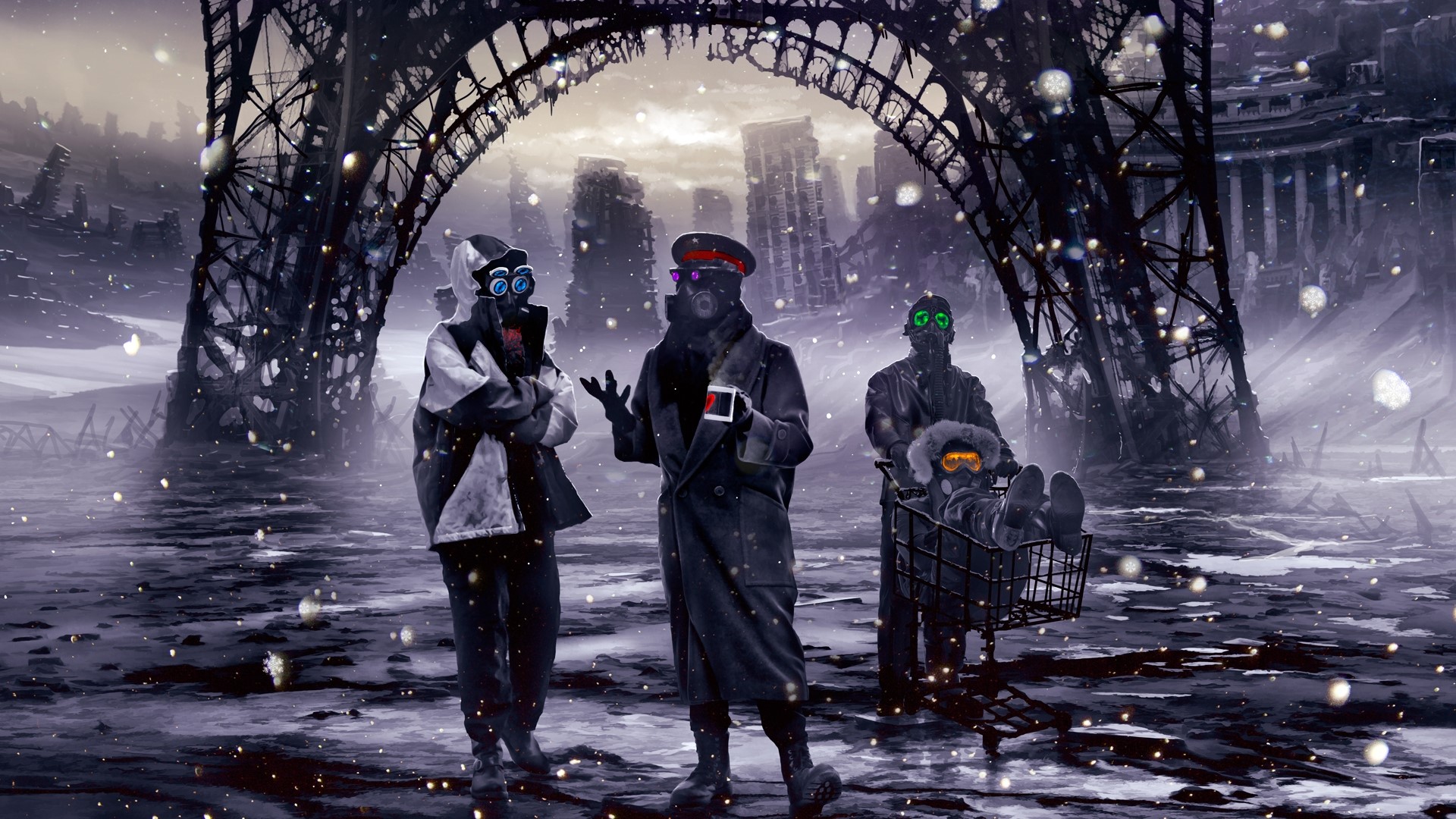 Post-apocalyptic Paris with figures in gas masks HD Wallpaper