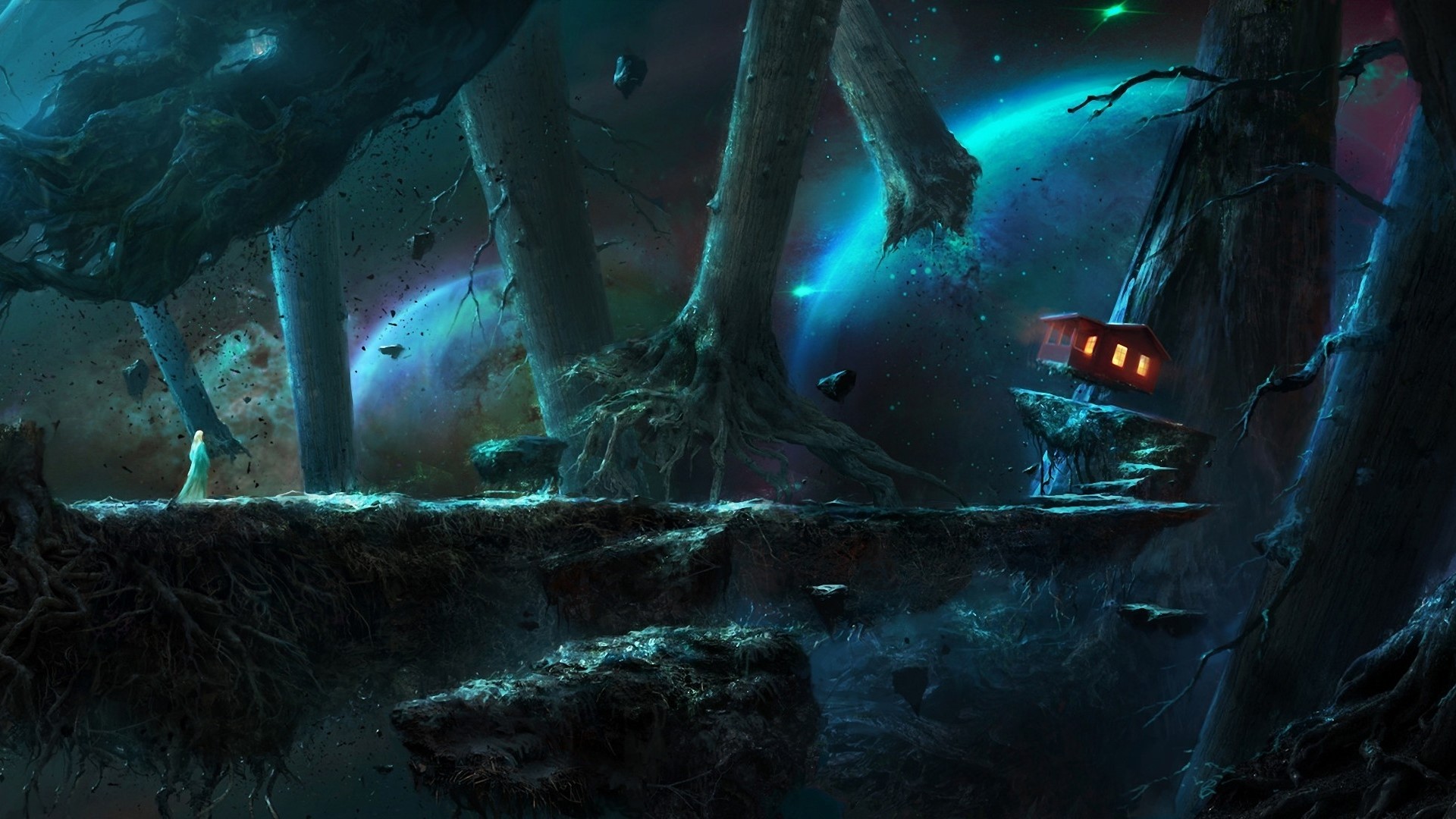 Floating islands with trees and a small house in space HD Wallpaper