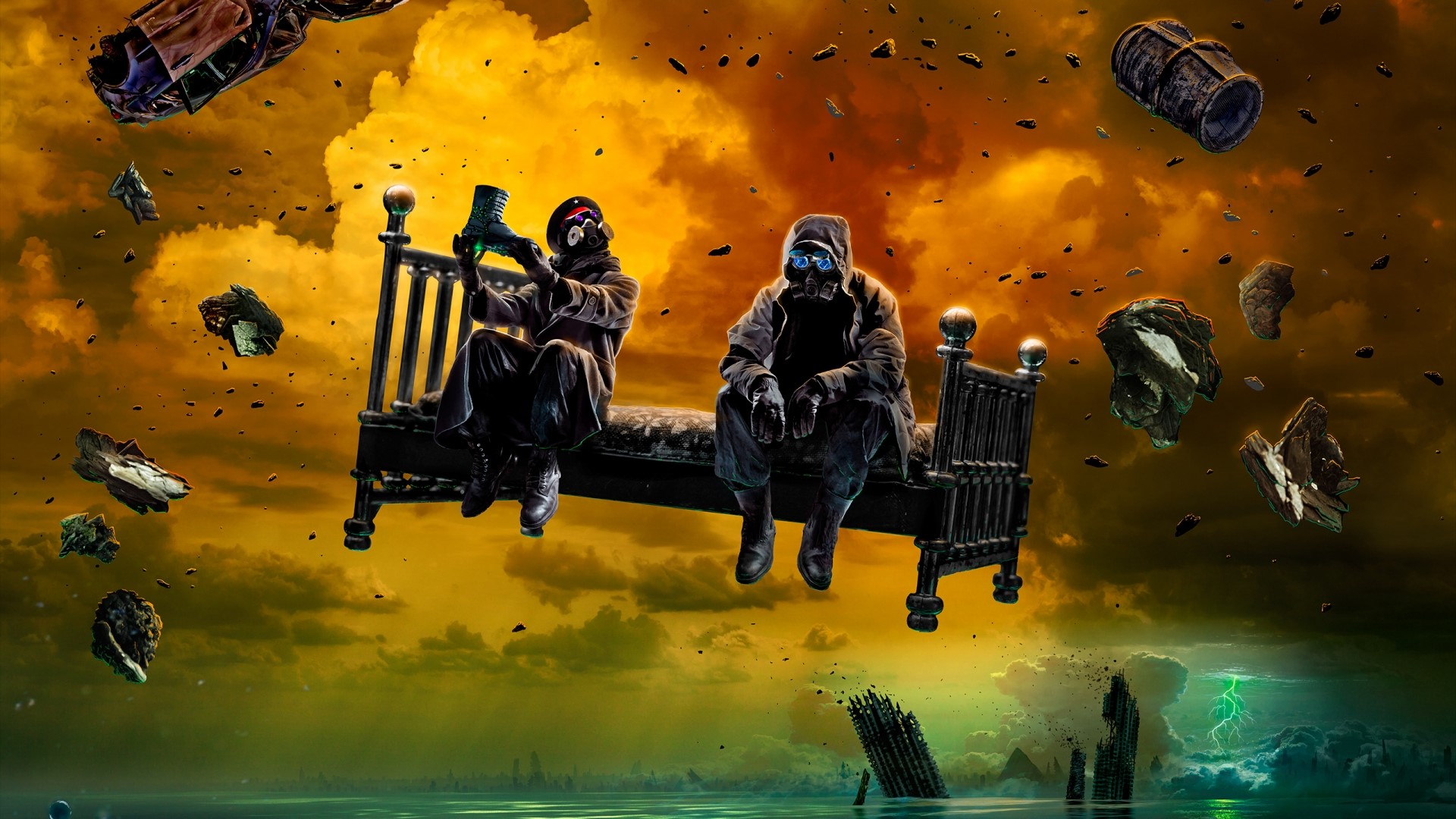 Two figures in gas masks on a floating bed HD Wallpaper