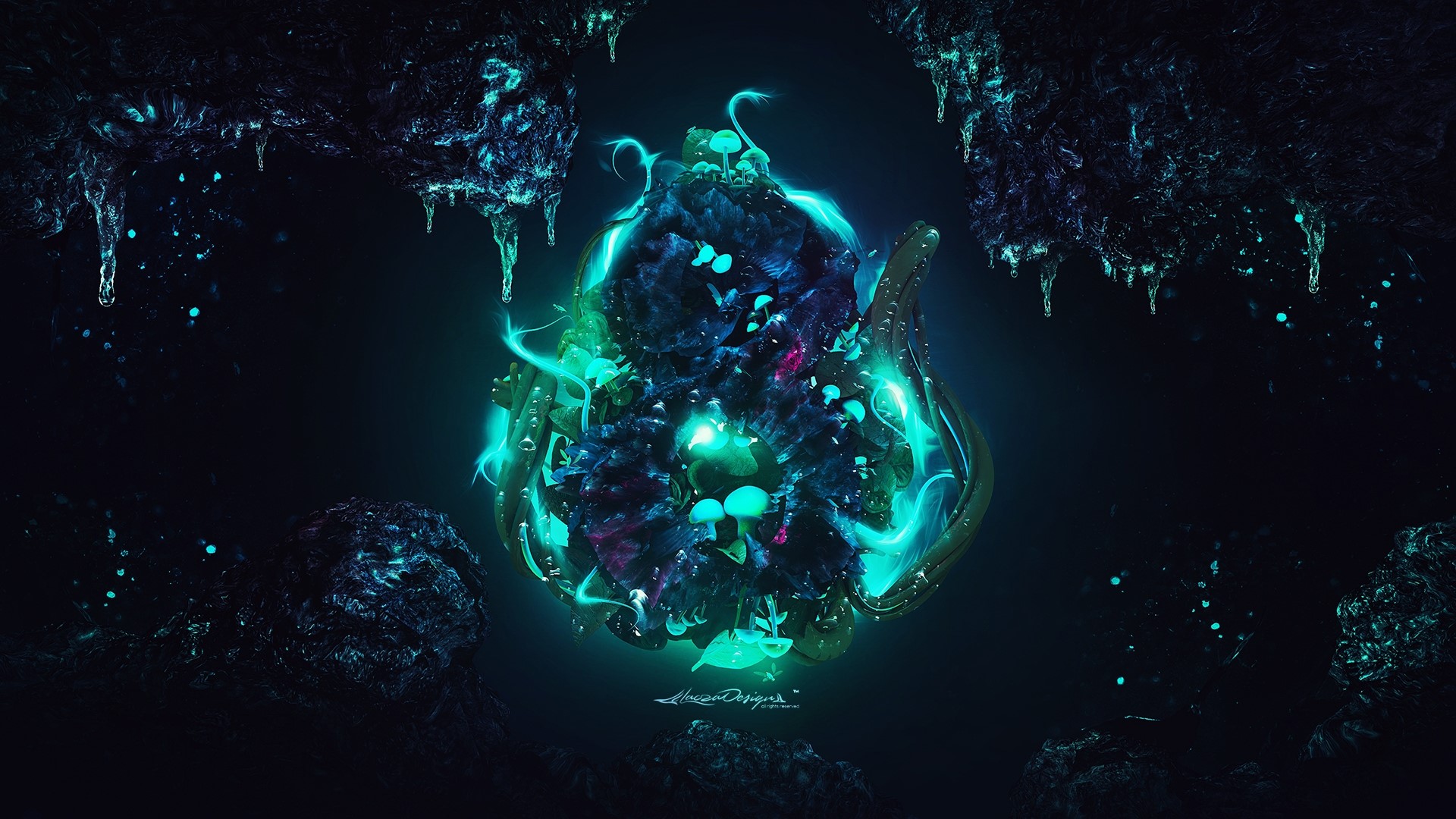Abstract bioluminescent cave formation with glowing mushrooms HD Wallpaper
