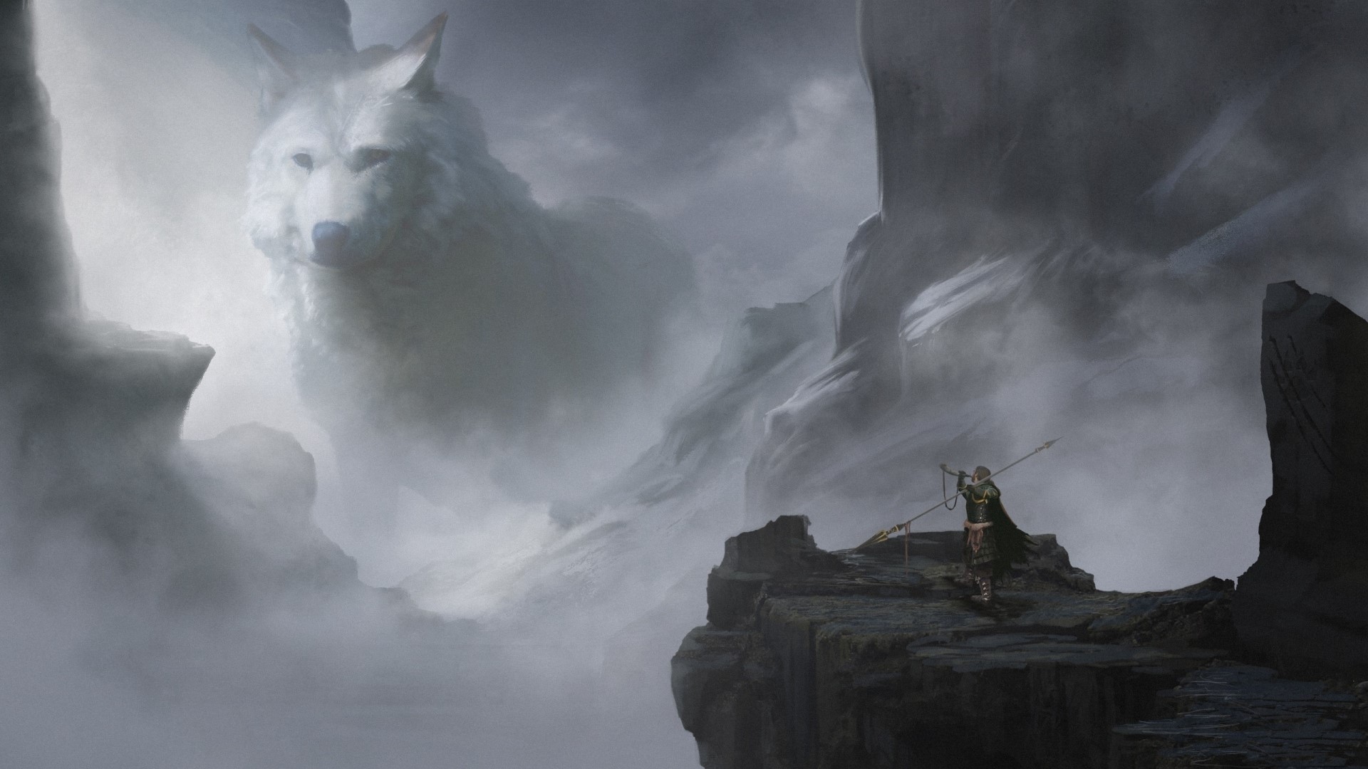 Giant white wolf in fog with a person on a cliff HD Wallpaper