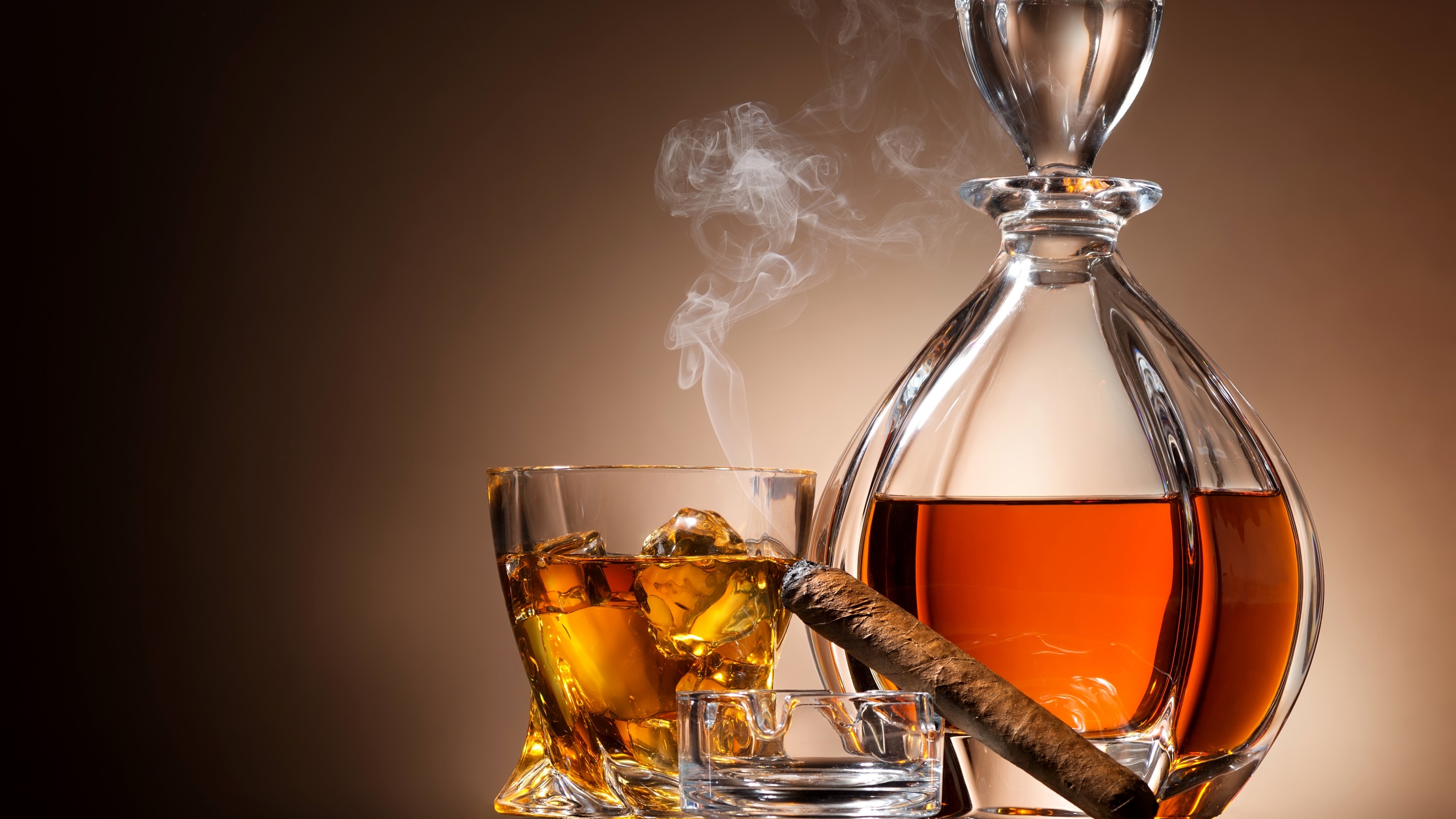 4K Decanter with Cognac, Cigar, and Ice HD Wallpaper