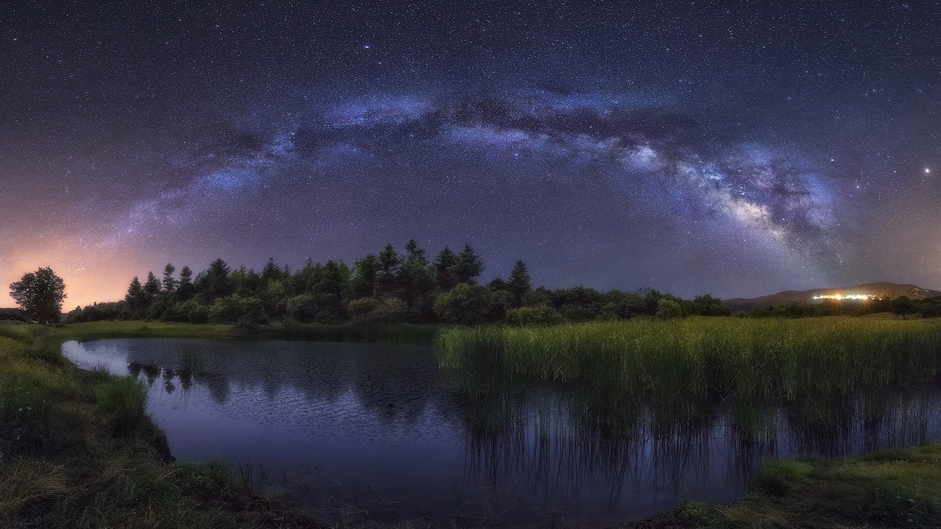 Milky Way over a lake and forest HD Wallpaper