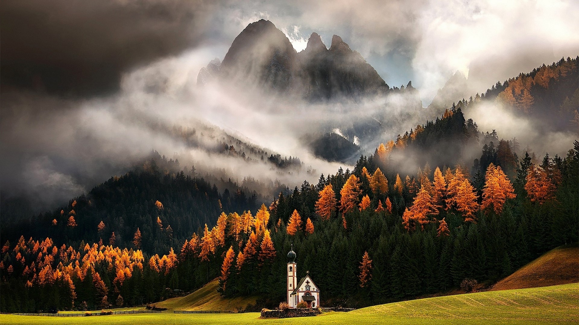 Chapel in the mountains with autumn trees HD Wallpaper