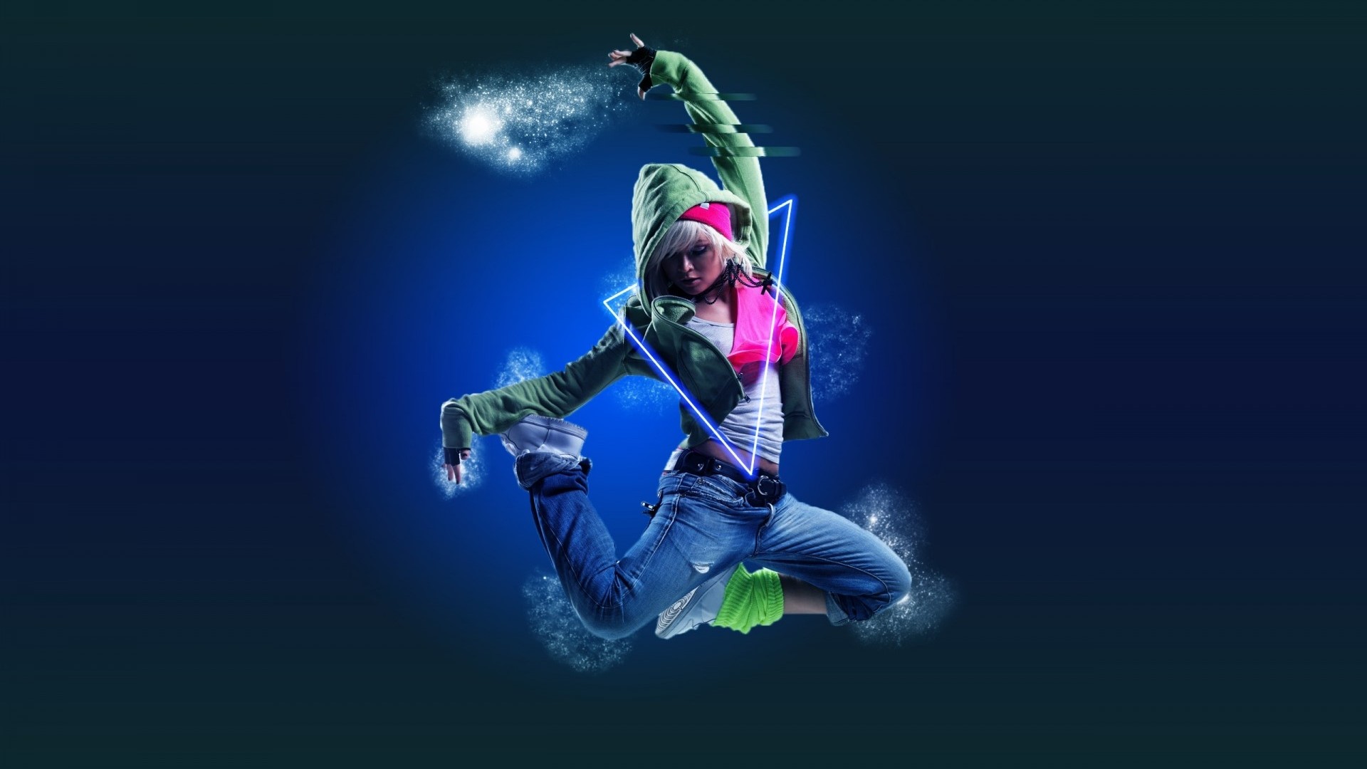 Dancer in mid-air with neon triangle HD Wallpaper
