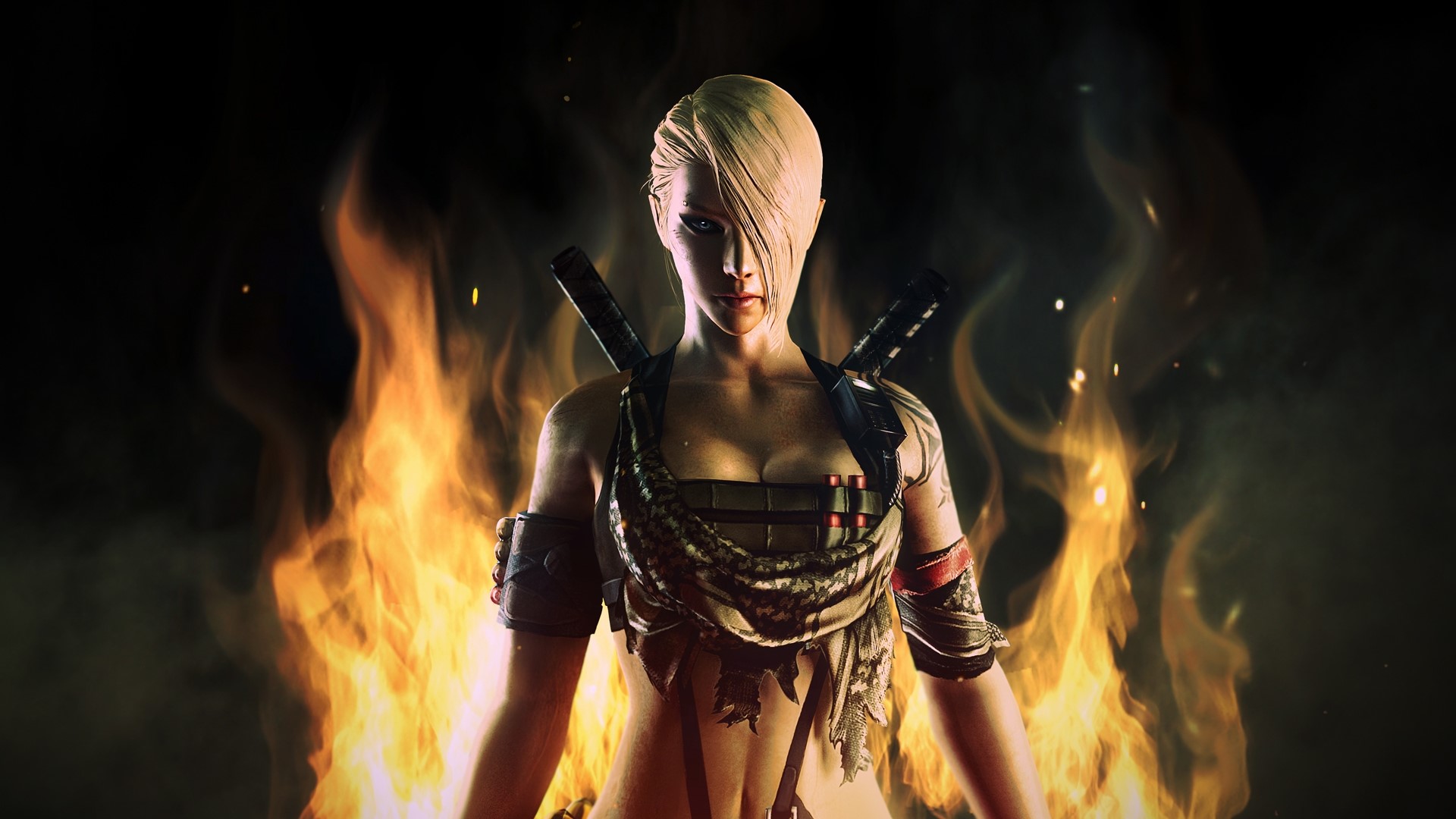 Woman with swords and fire HD Wallpaper