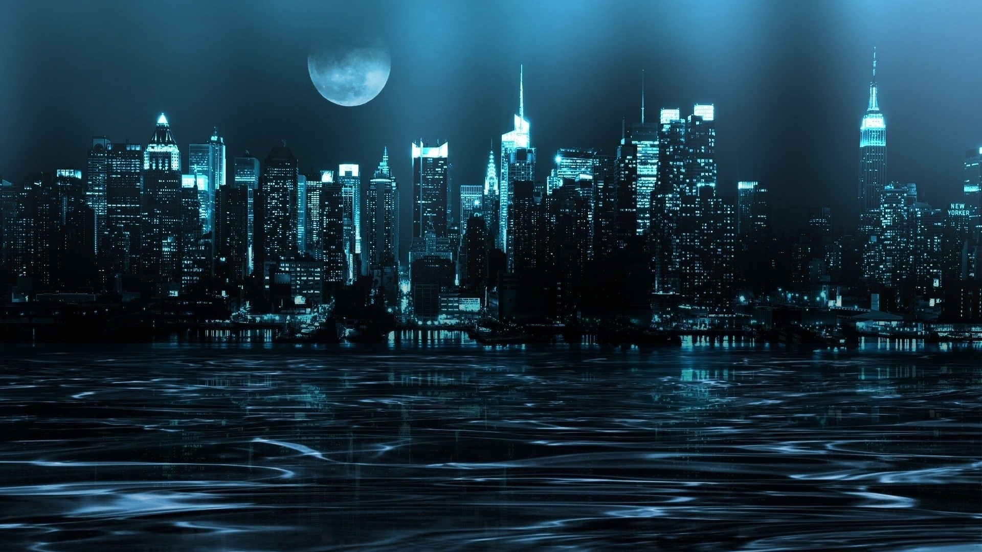 New York City skyline at night with moon HD Wallpaper