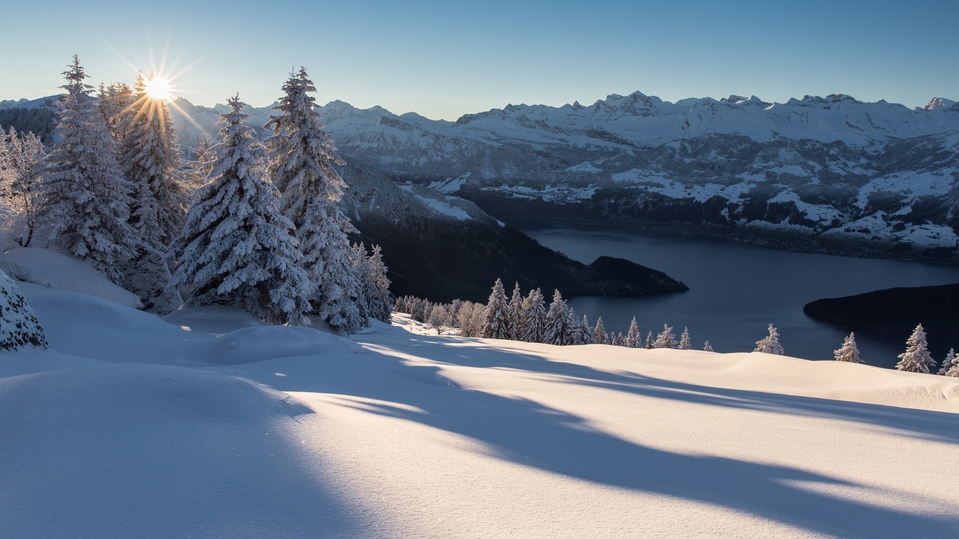 Snowy trees and mountains overlooking Lake Lucerne at sunrise HD Wallpaper