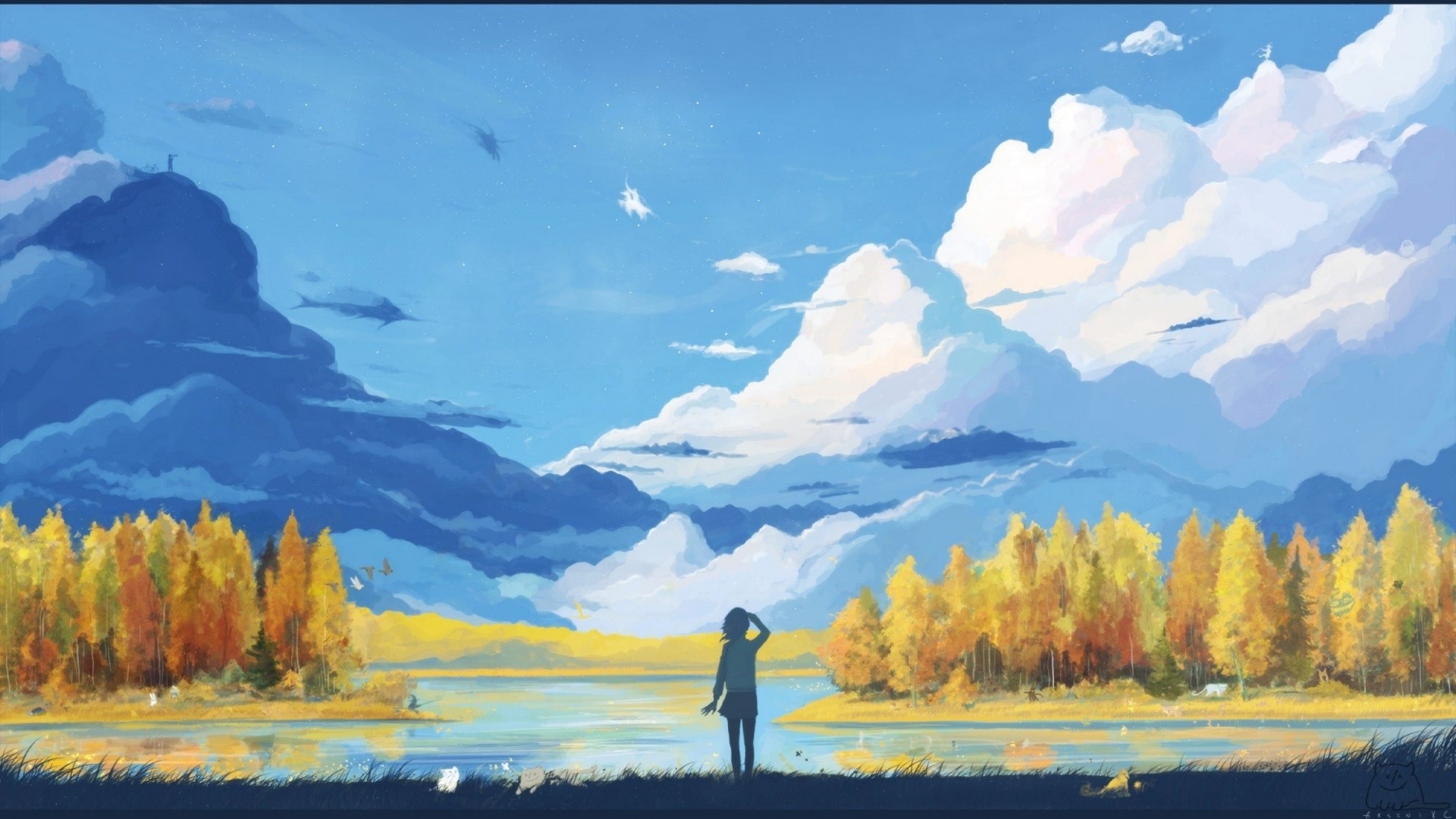 Girl by a lake with autumn trees and clouds HD Wallpaper