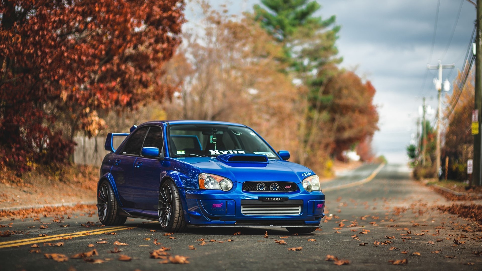 Blue Subaru Impreza STI on a road in autumn HD Wallpaper