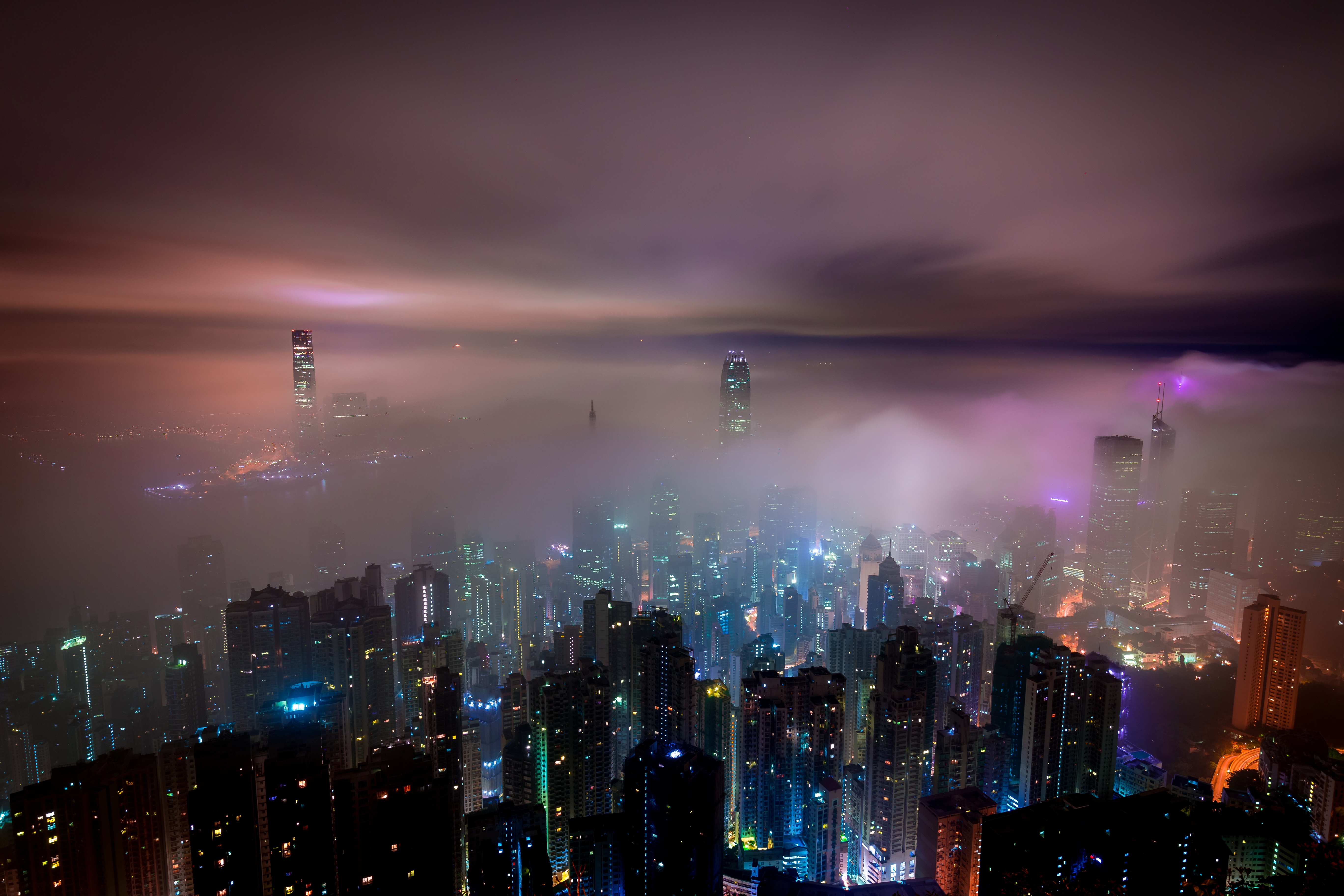 Hong Kong Cityscape at Night with Fog HD Wallpaper
