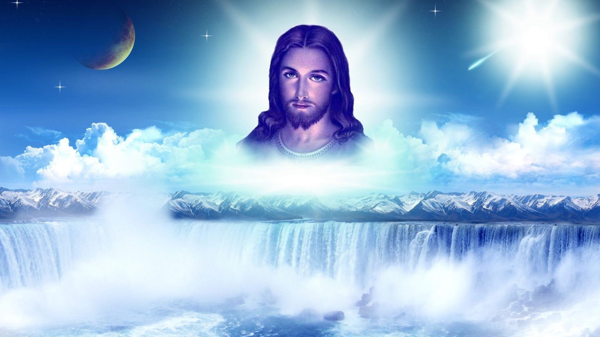 Jesus in the sky above waterfalls and mountains HD Wallpaper