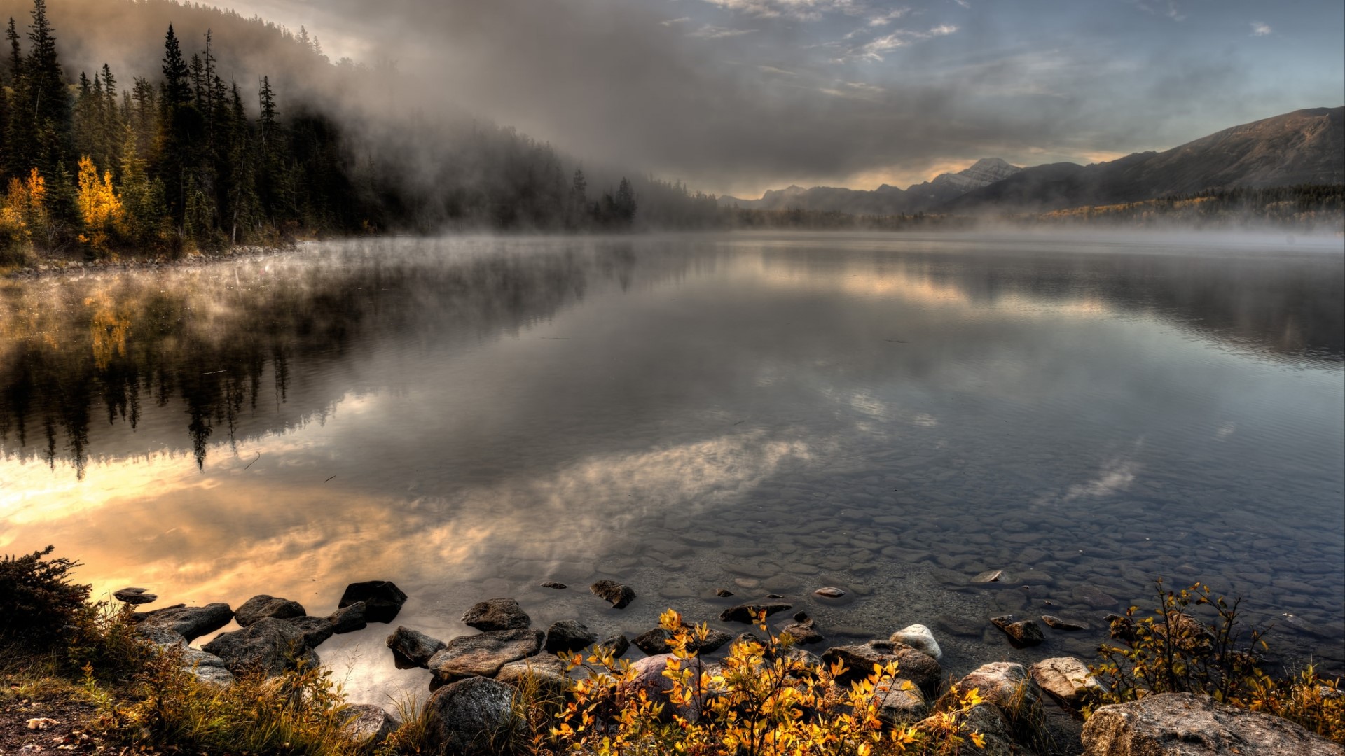 Misty Lake with Forest and Mountains HD Wallpaper
