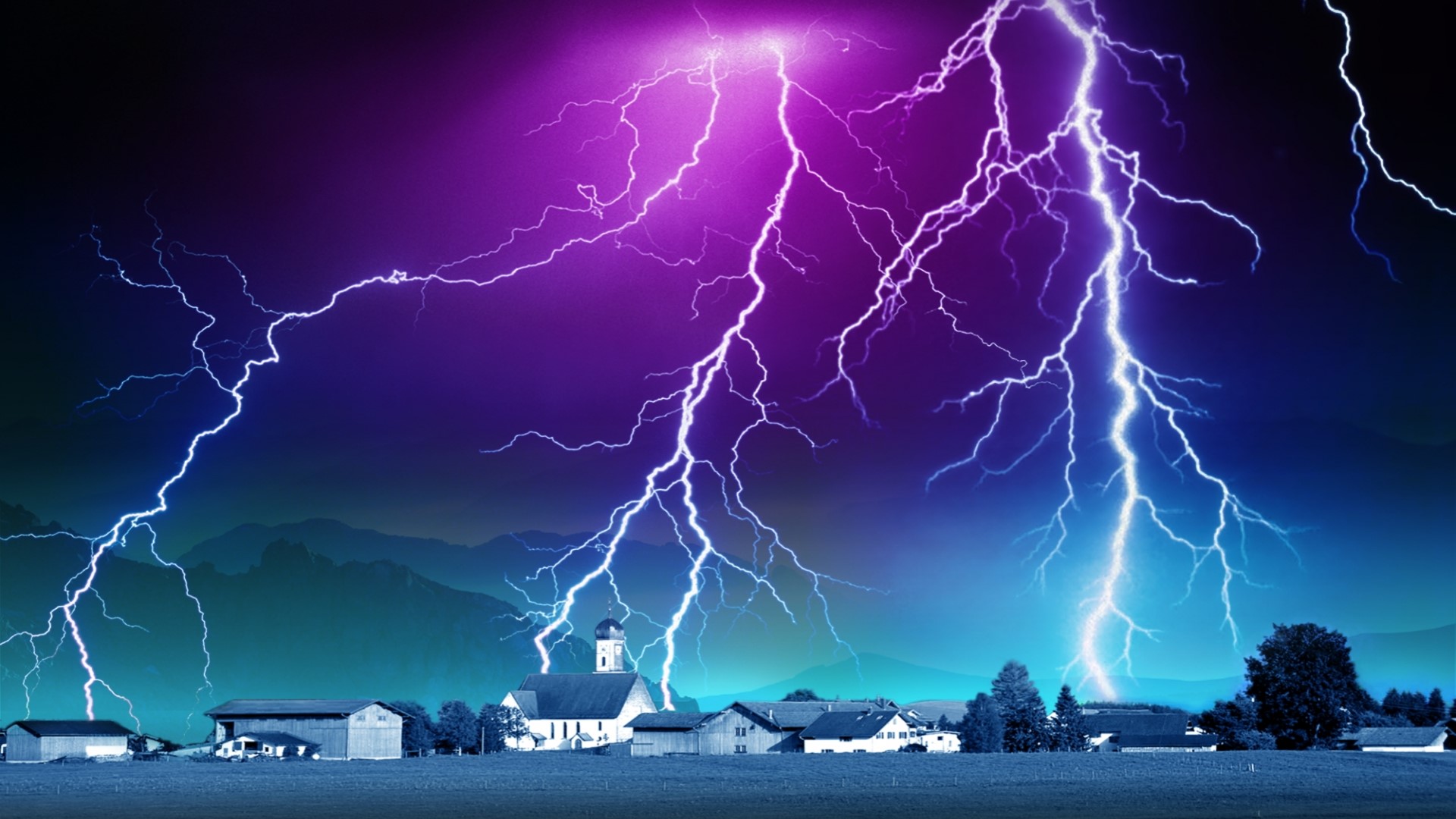 Lightning strikes over a village and mountains HD Wallpaper
