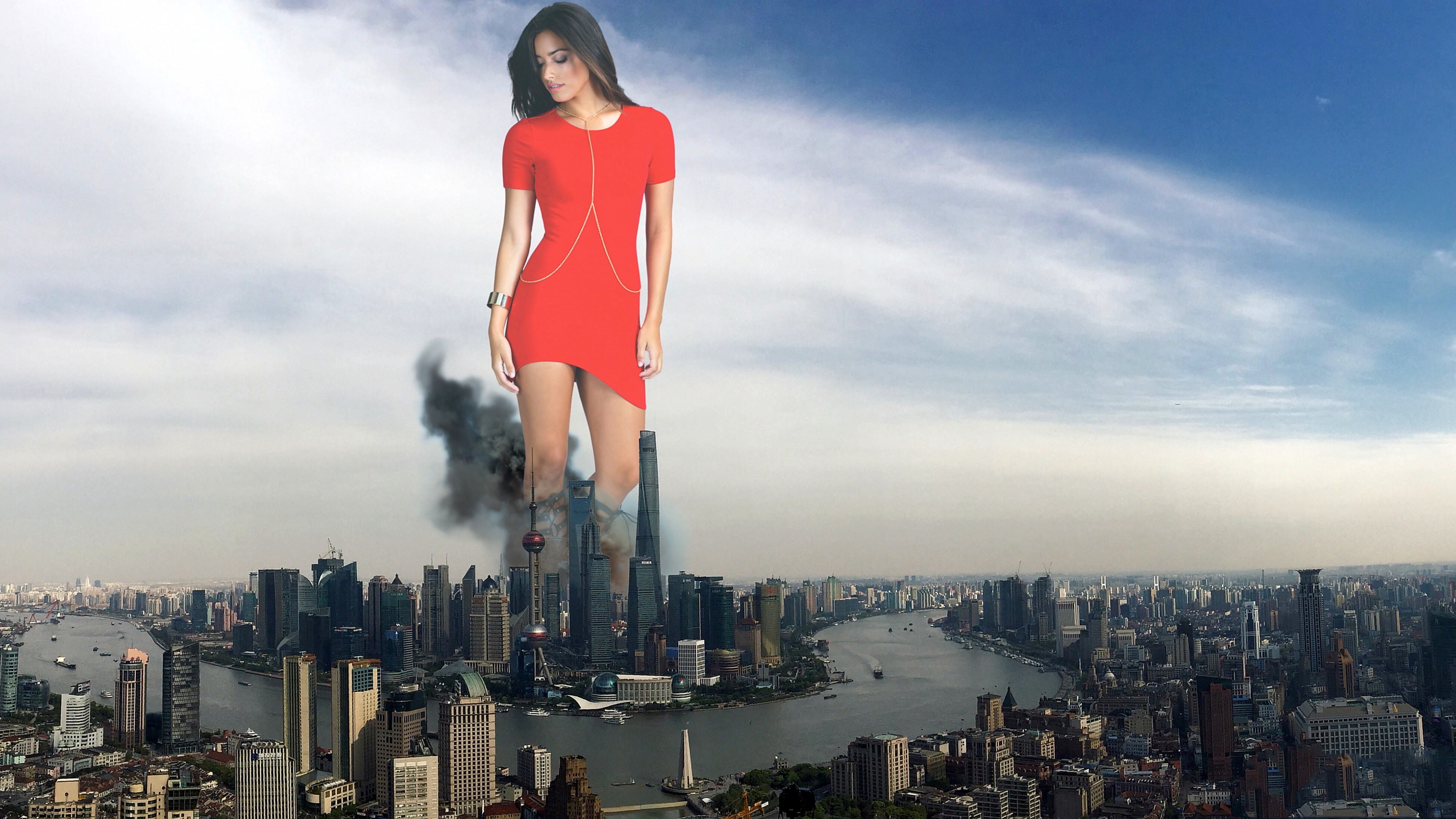 Giant woman in red dress over city HD Wallpaper