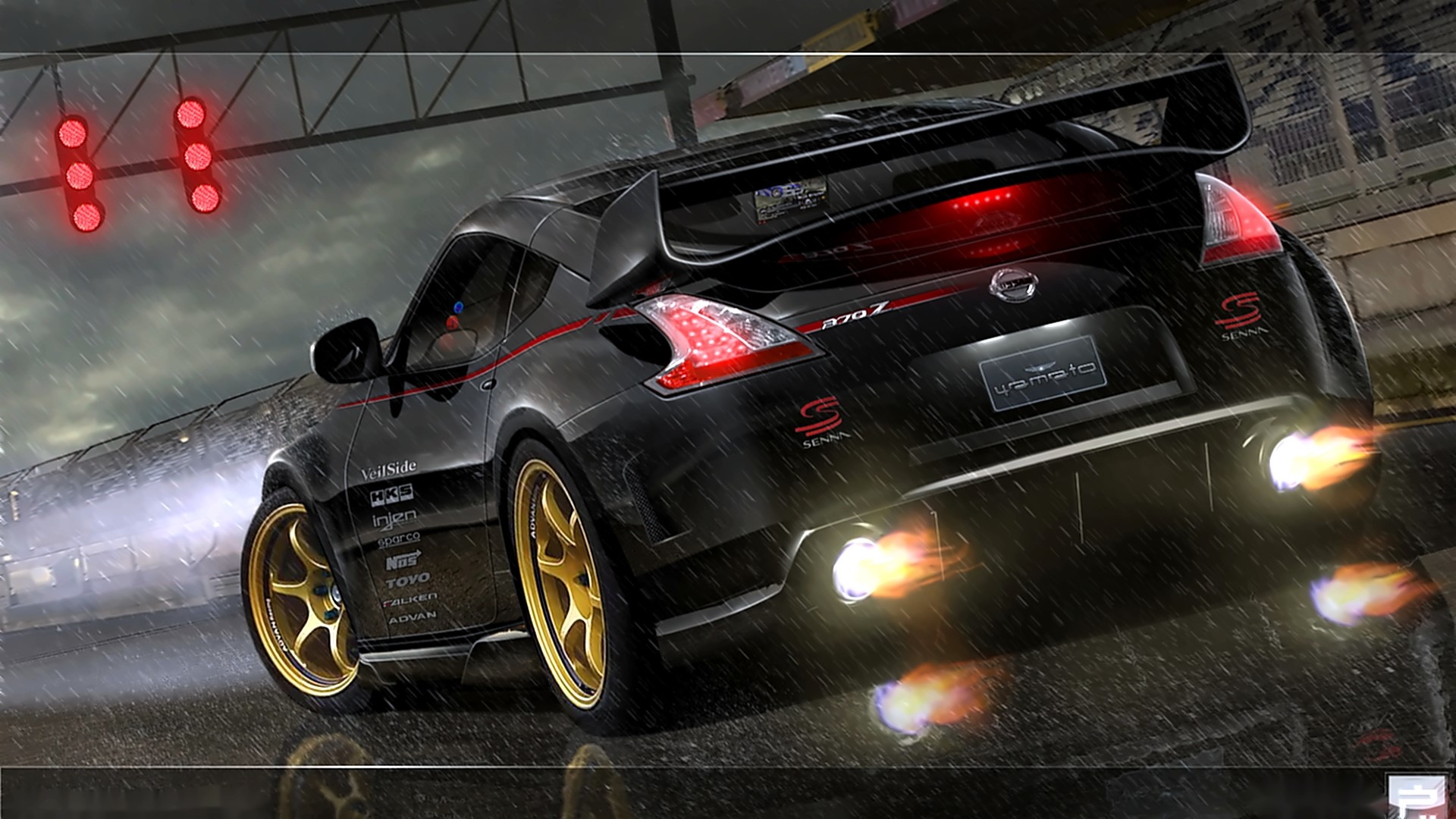 Black Nissan 370Z with gold rims on a wet track HD Wallpaper
