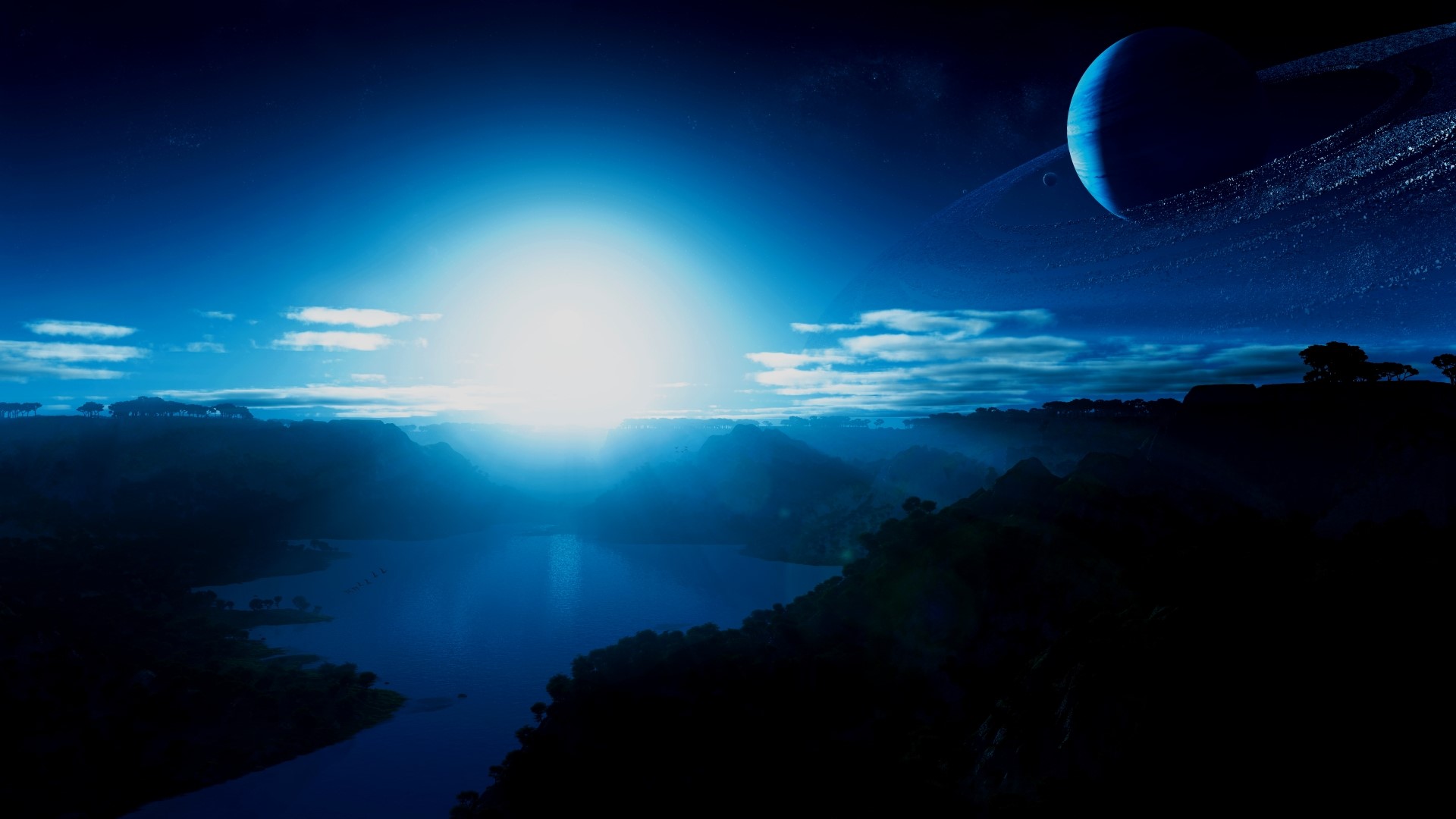 Planet with rings over a dark landscape HD Wallpaper