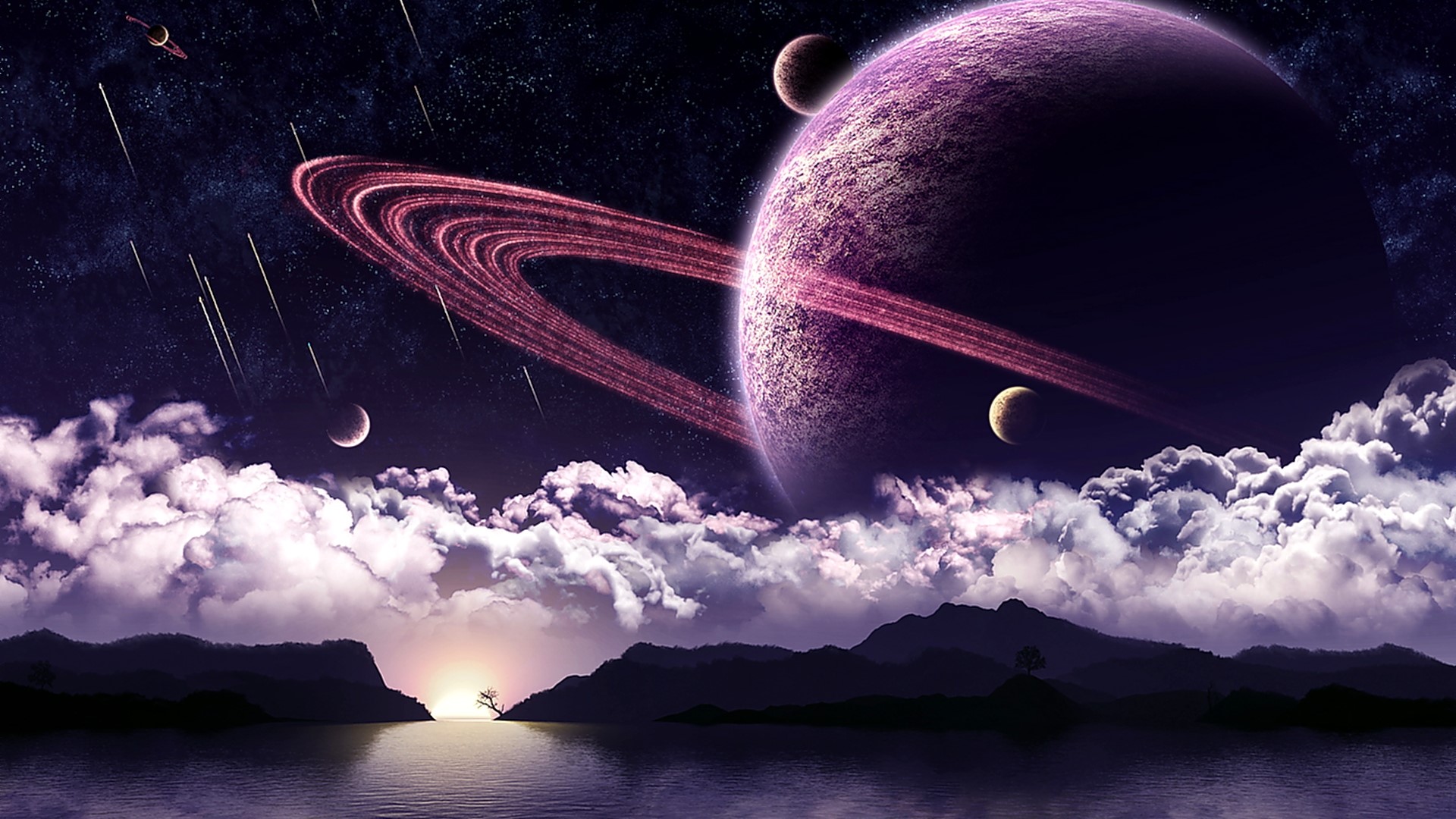Purple ringed planet with moons and meteor shower HD Wallpaper