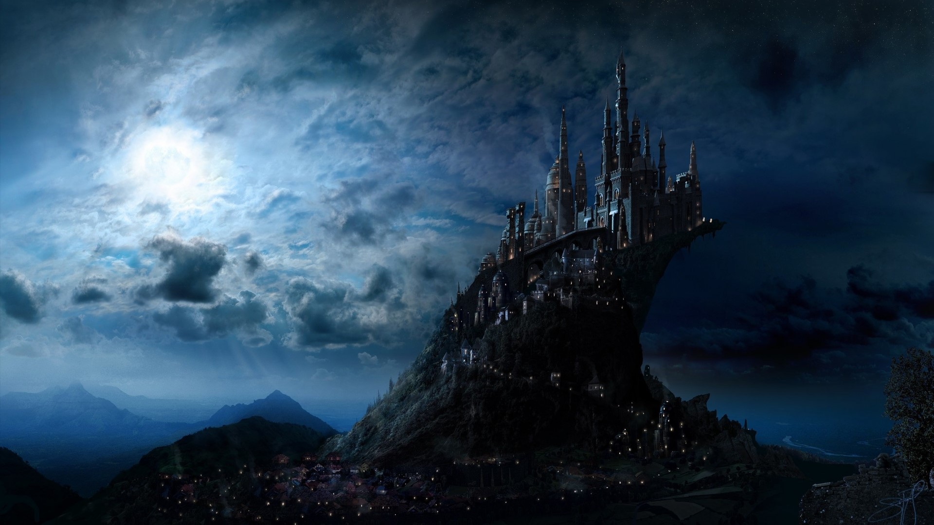 Fantasy castle on a mountain under a cloudy sky HD Wallpaper