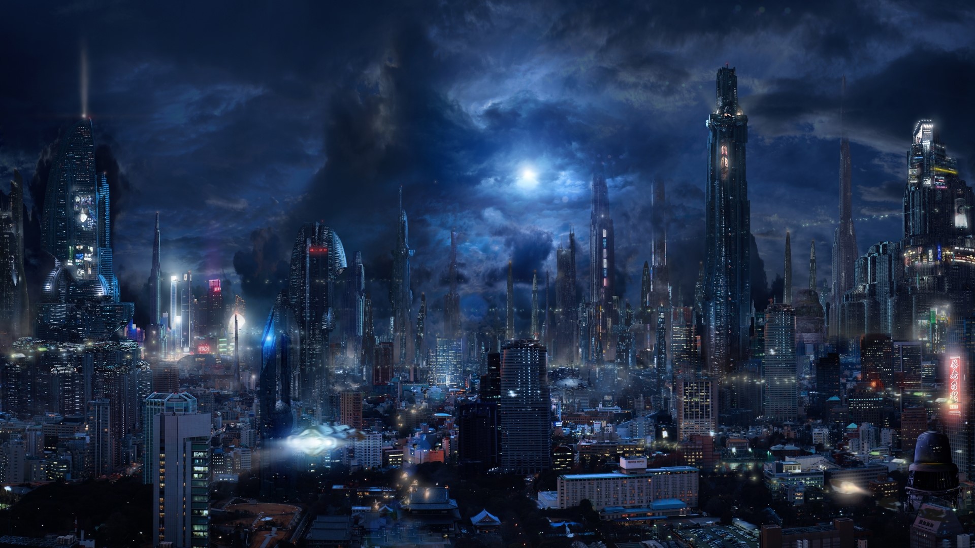 Futuristic Cityscape at Night with Skyscrapers HD Wallpaper