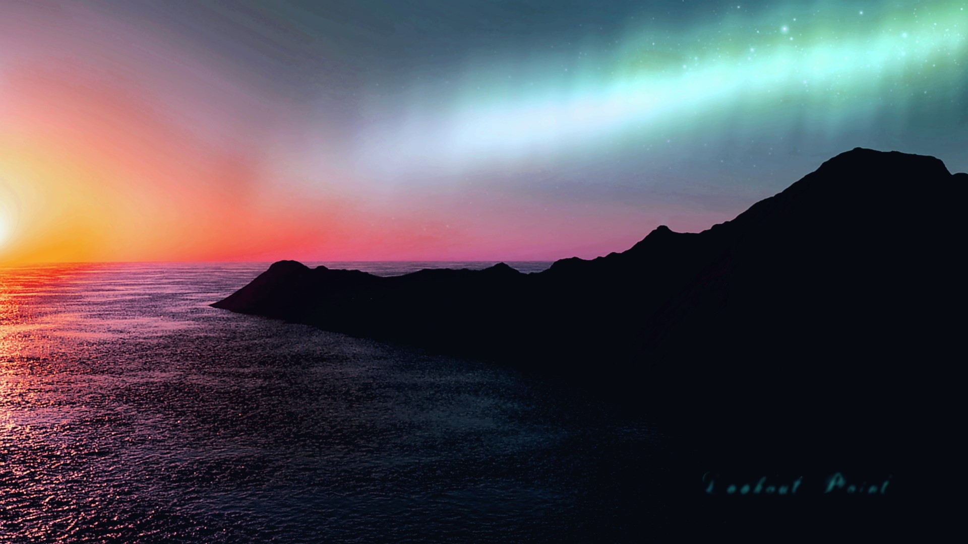 Sunset over the ocean with aurora borealis HD Wallpaper