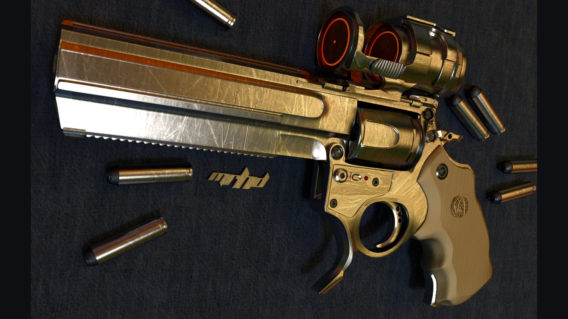 Sci-fi revolver with scope and bullets HD Wallpaper