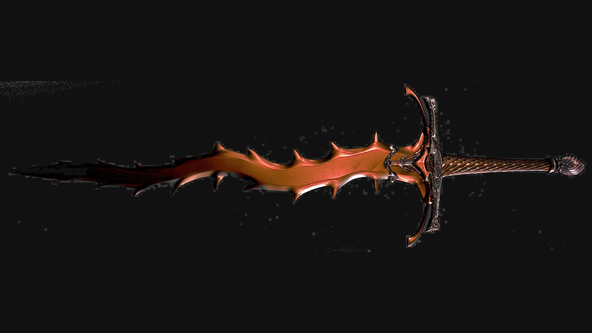A spiky, ornate sword with a glowing orange blade HD Wallpaper