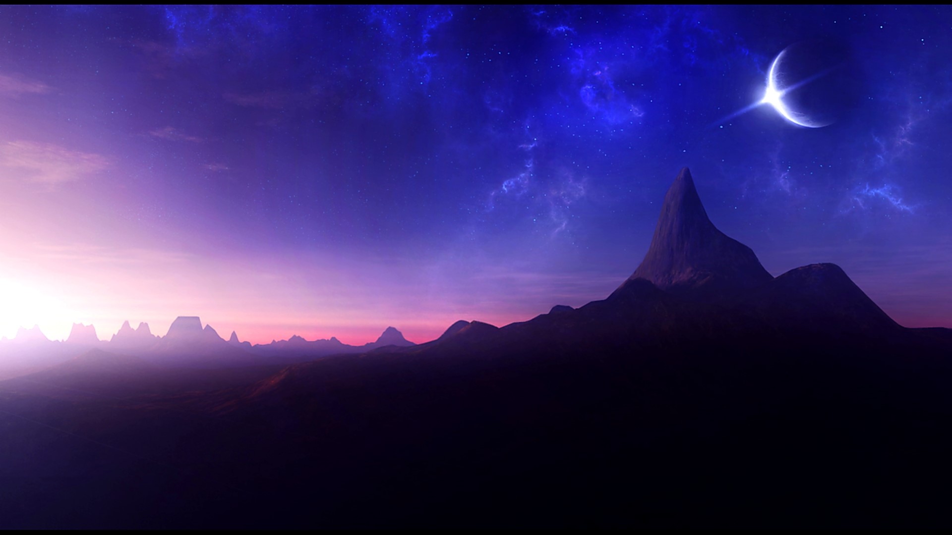 Crescent moon over mountains at twilight HD Wallpaper