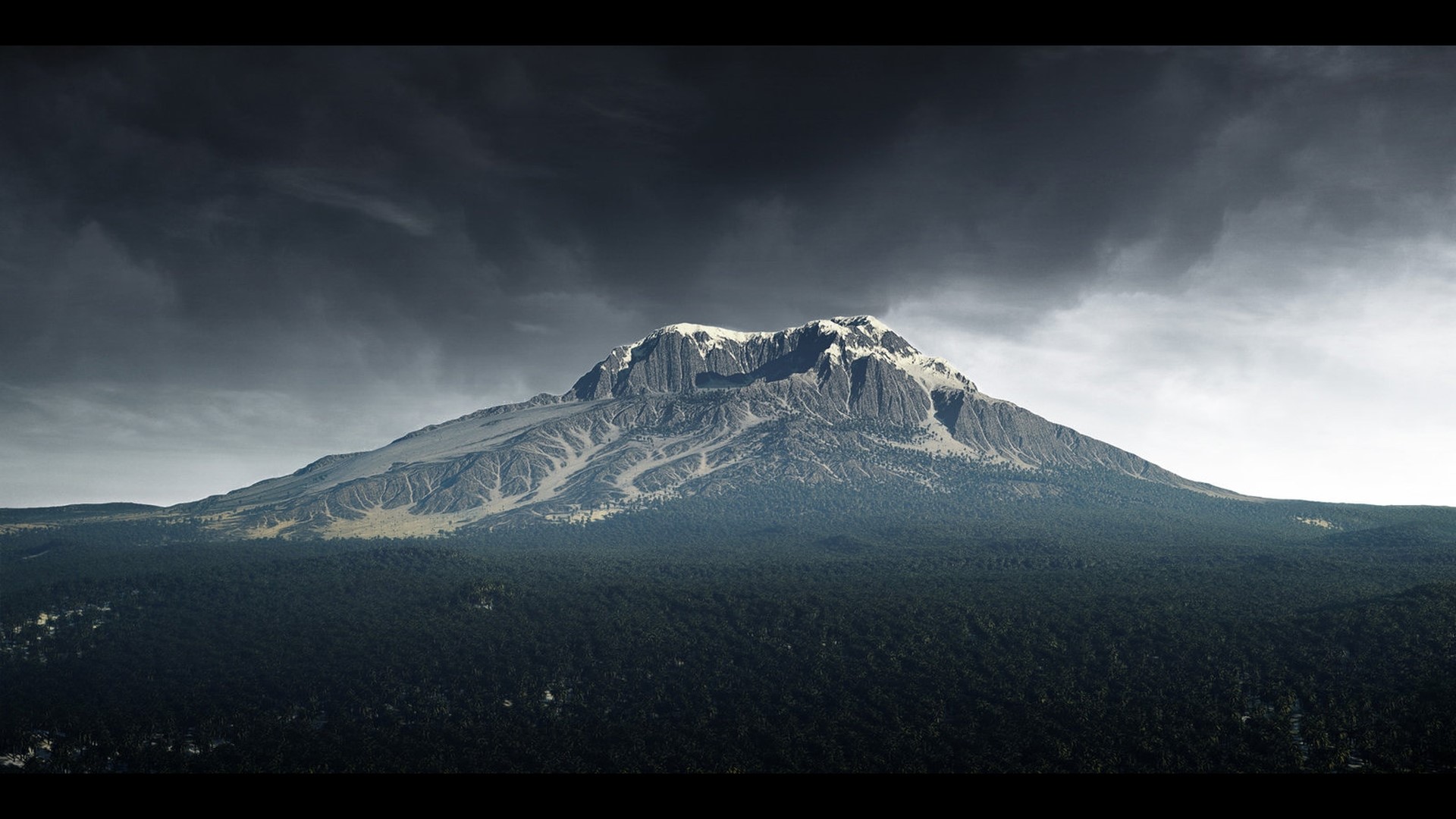 Snow-capped mountain range above a dark forest under stormy skies HD Wallpaper