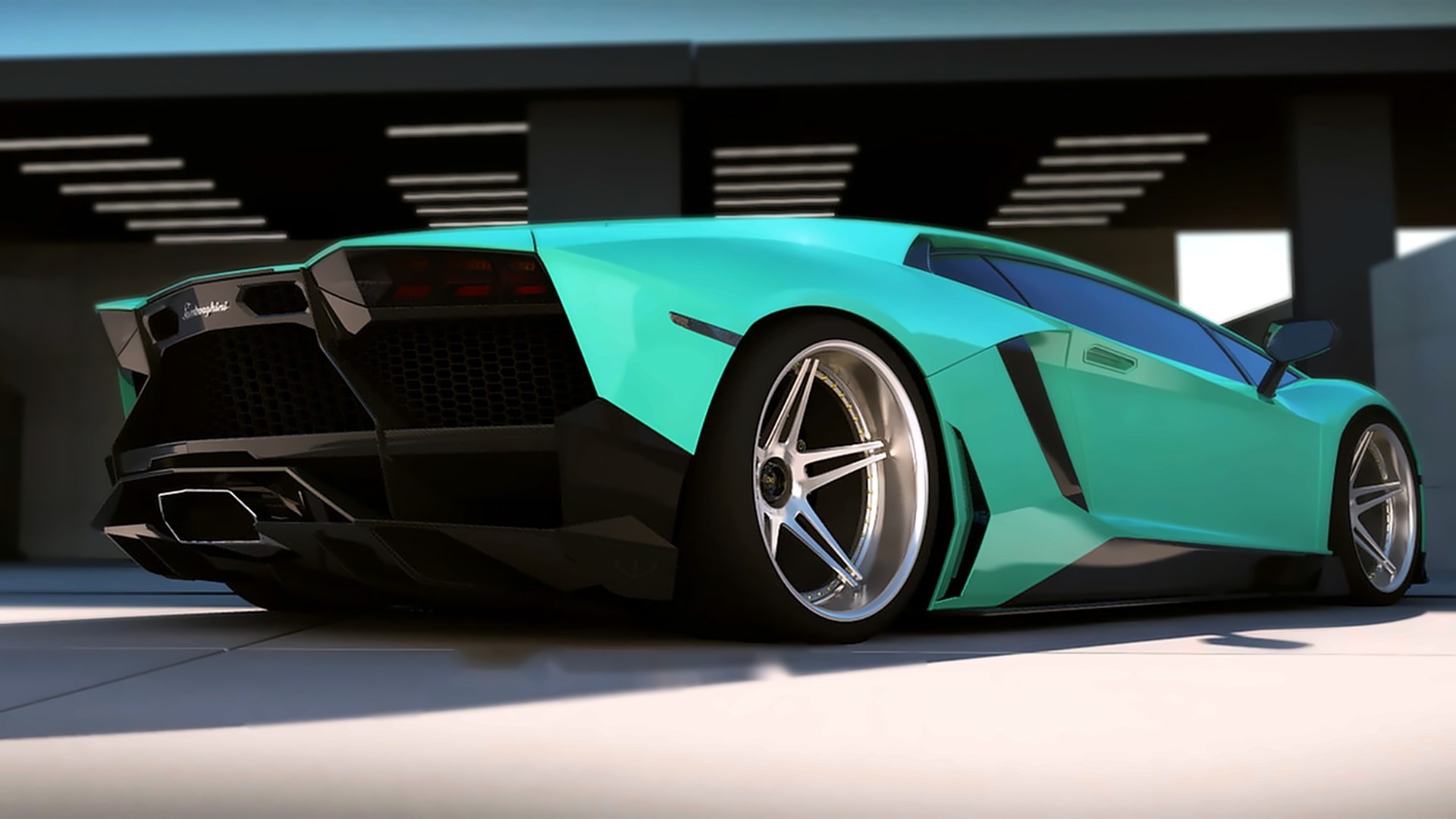 Turquoise Lamborghini Aventador parked HD Wallpaper