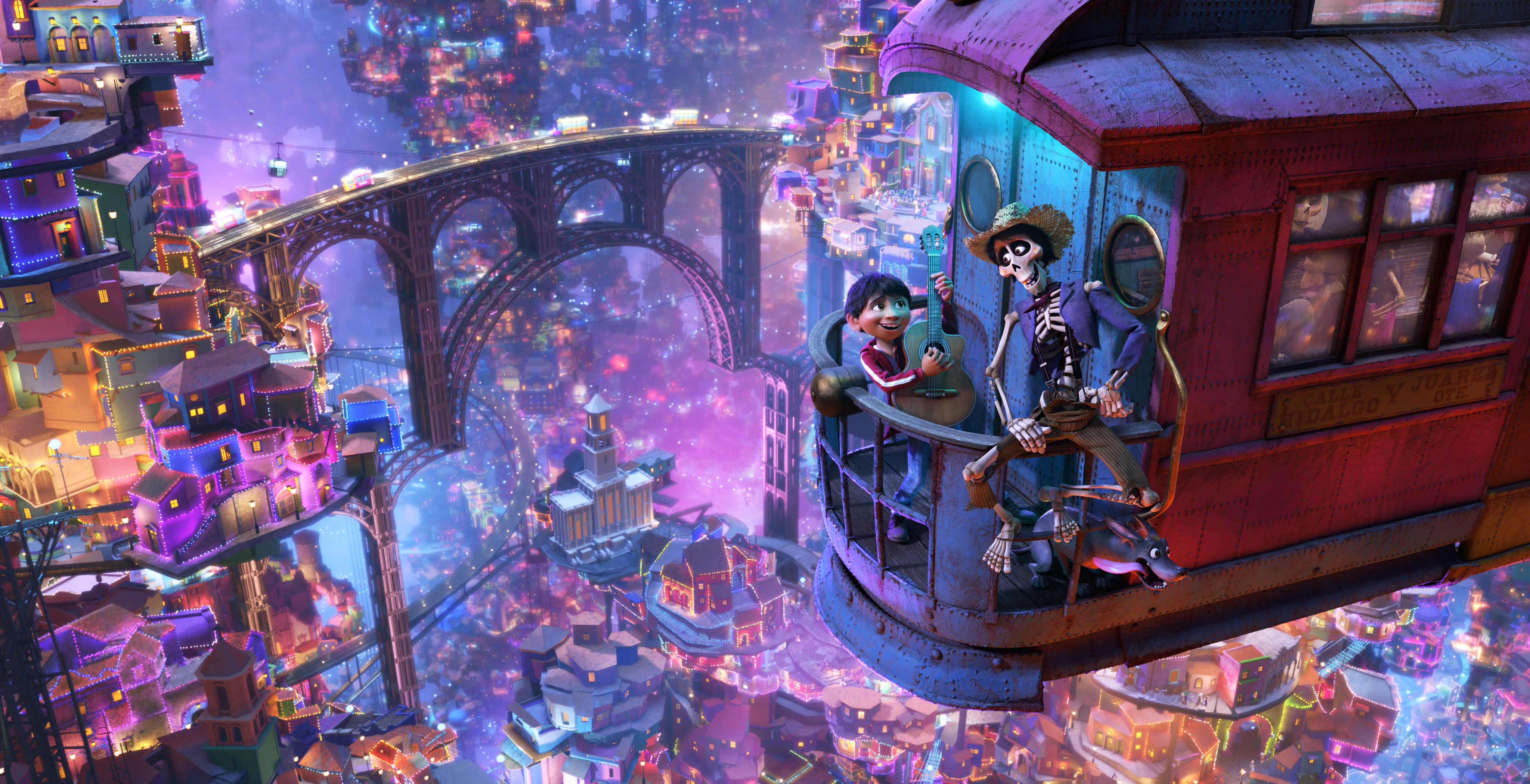 Hector and Miguel from Coco in a train car overlooking a colorful city HD Wallpaper