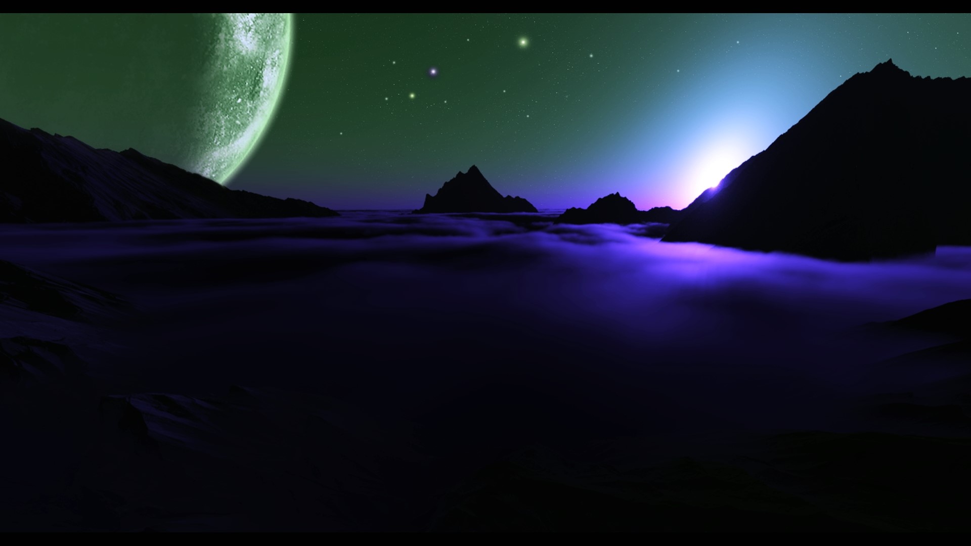 Alien planet landscape with large moon and mountains HD Wallpaper