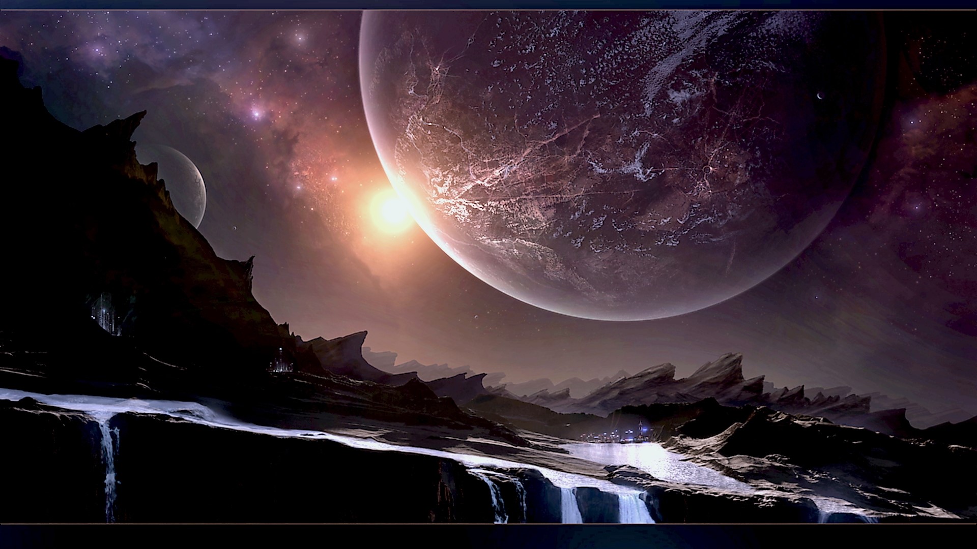 Alien planet landscape with large planets in the sky HD Wallpaper