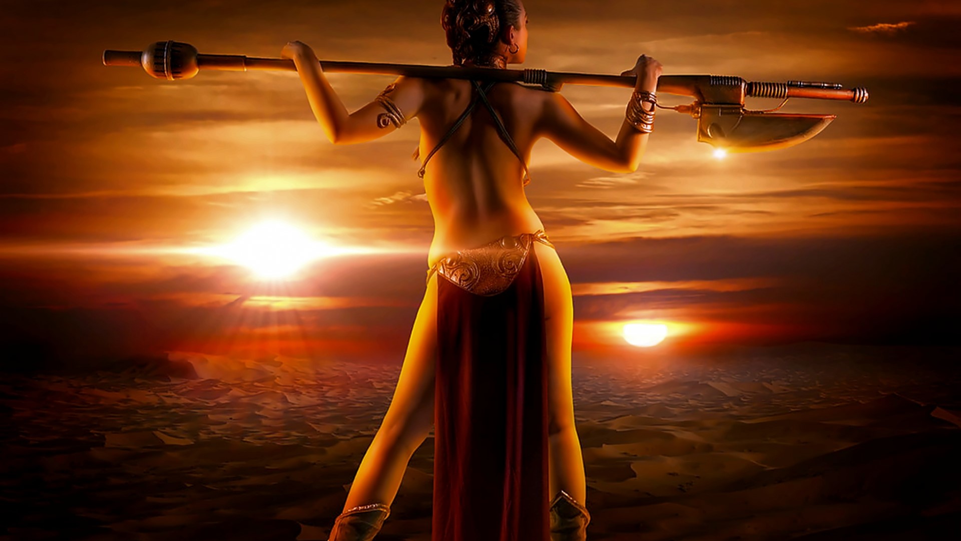 Princess Leia with a weapon in a desert HD Wallpaper