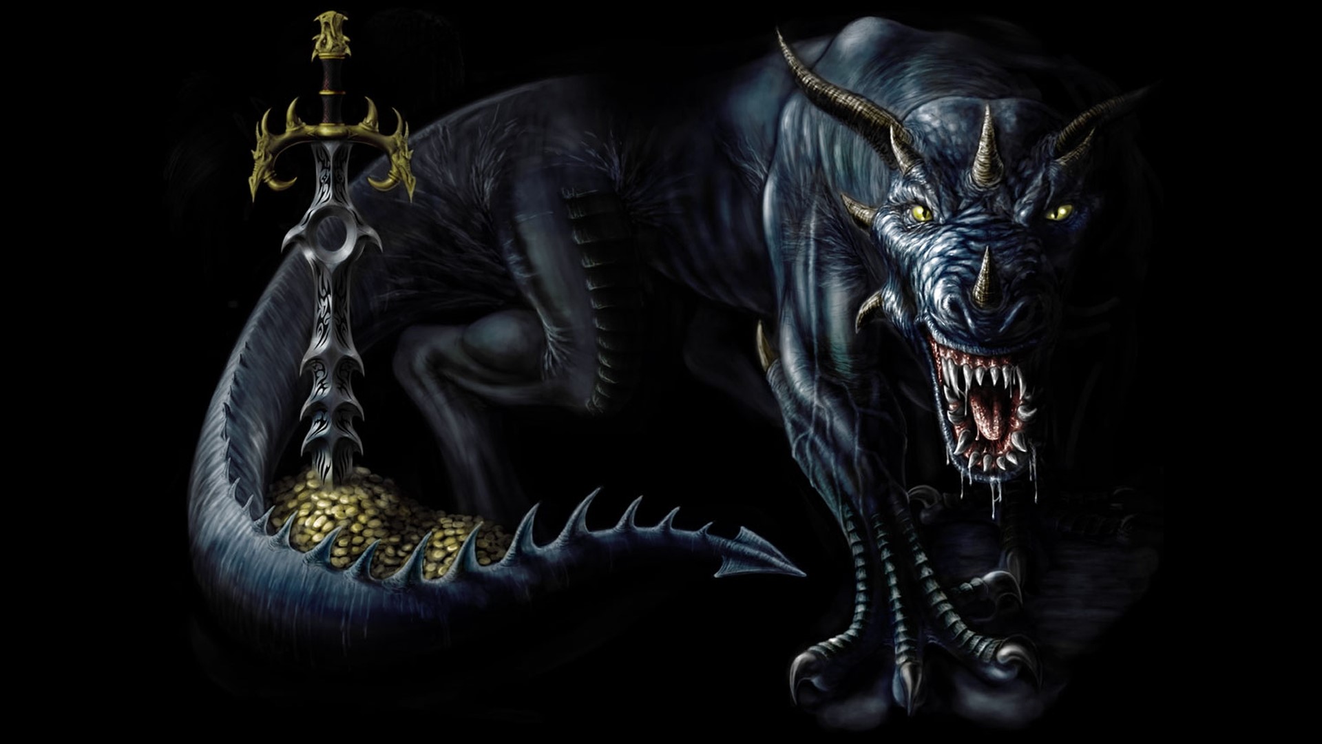 Dragon with a sword and treasure HD Wallpaper