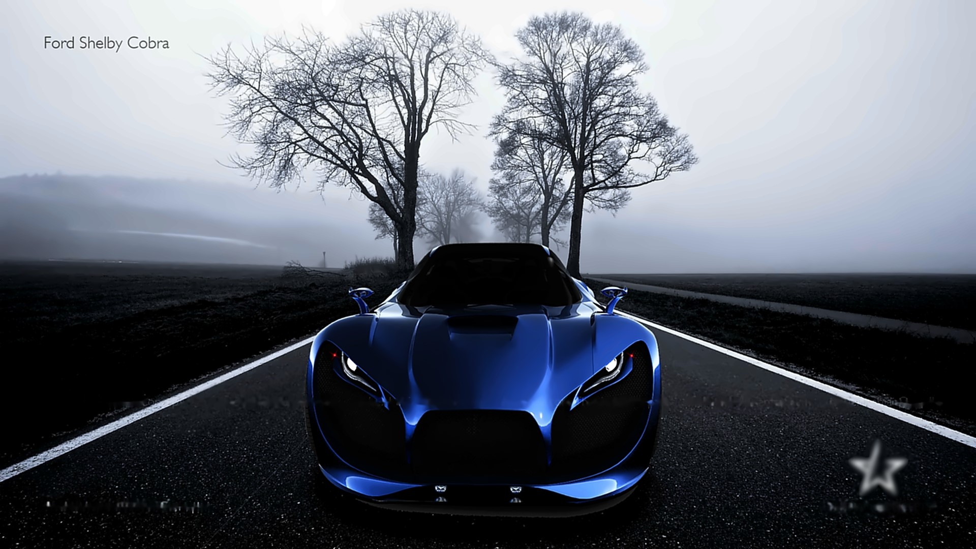 Blue Ford Shelby Cobra on a foggy road HD Wallpaper