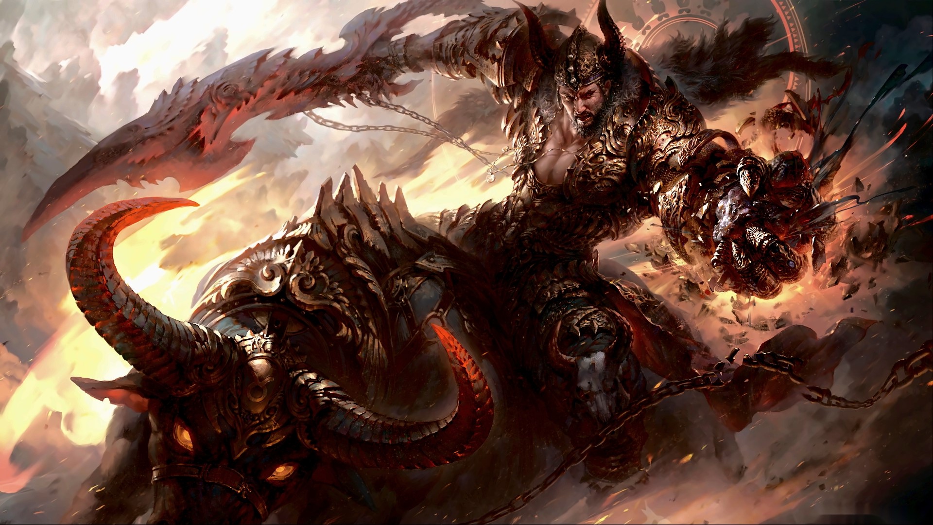 Warrior riding a bull with a large sword HD Wallpaper